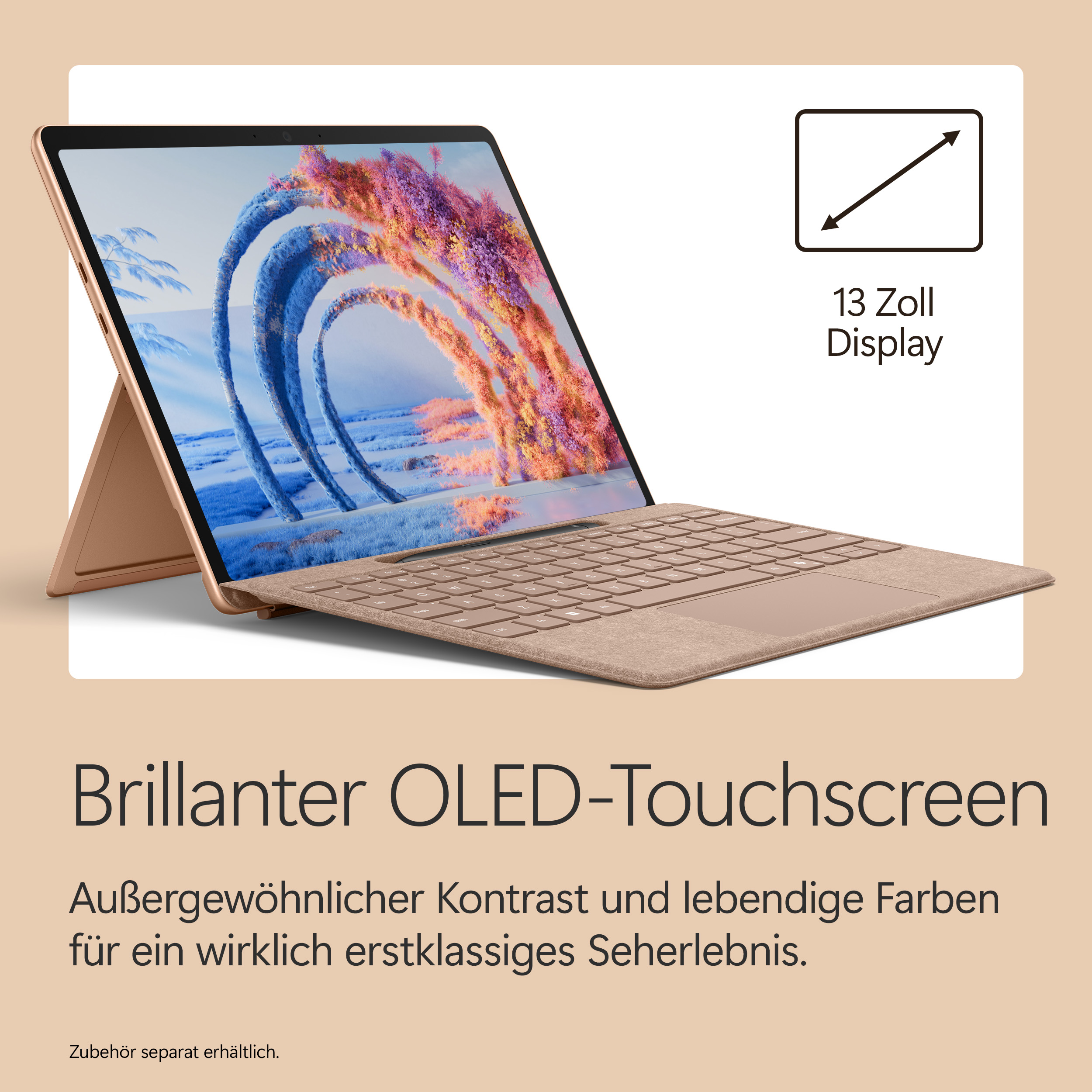 Goldener Laptop mit 13 Zoll OLED-Touchscreen, zeigt eine bunte Landschaft.