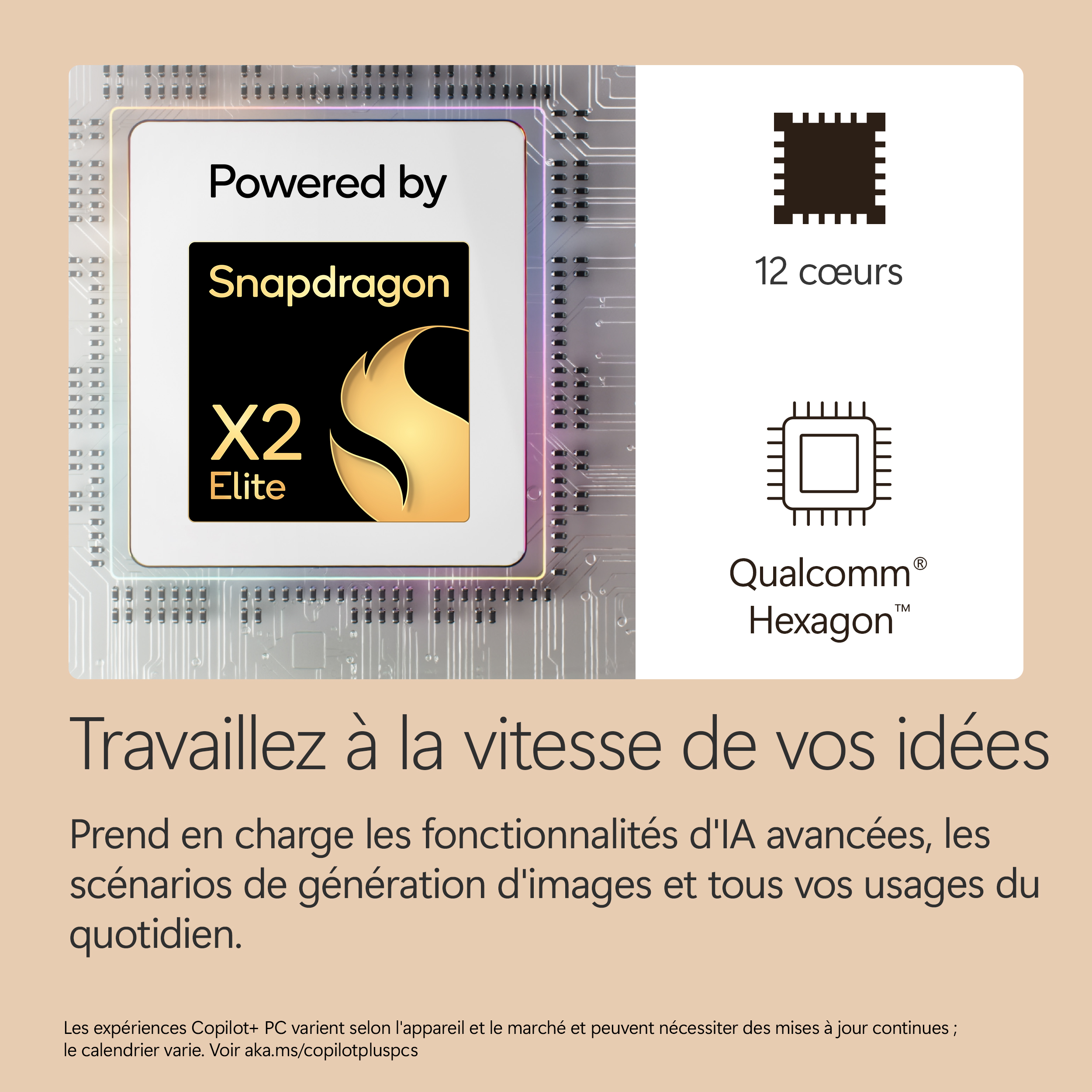Publicité du processeur Snapdragon X2 Elite 12 cœurs et Qualcomm Hexagon.