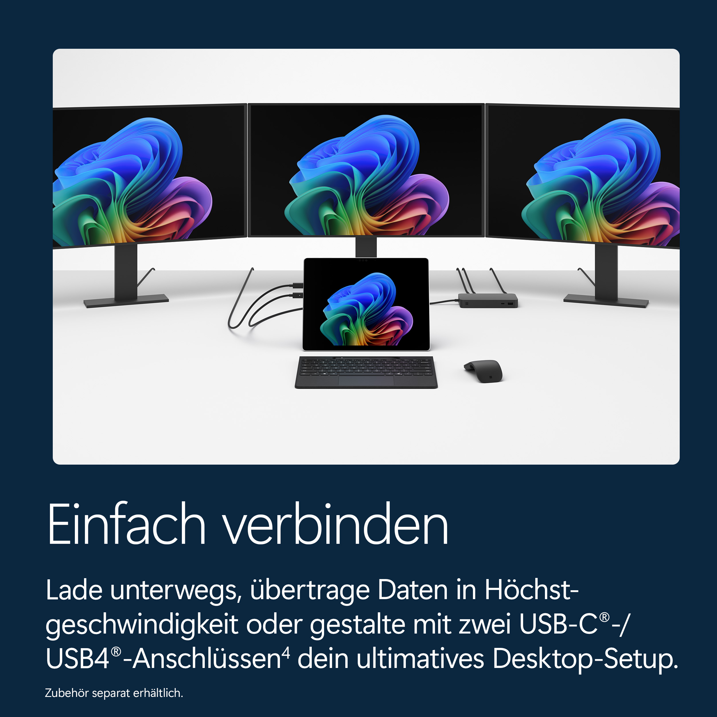 Drei Monitore, ein Tablet, Tastatur und Maus bilden ein Setup.