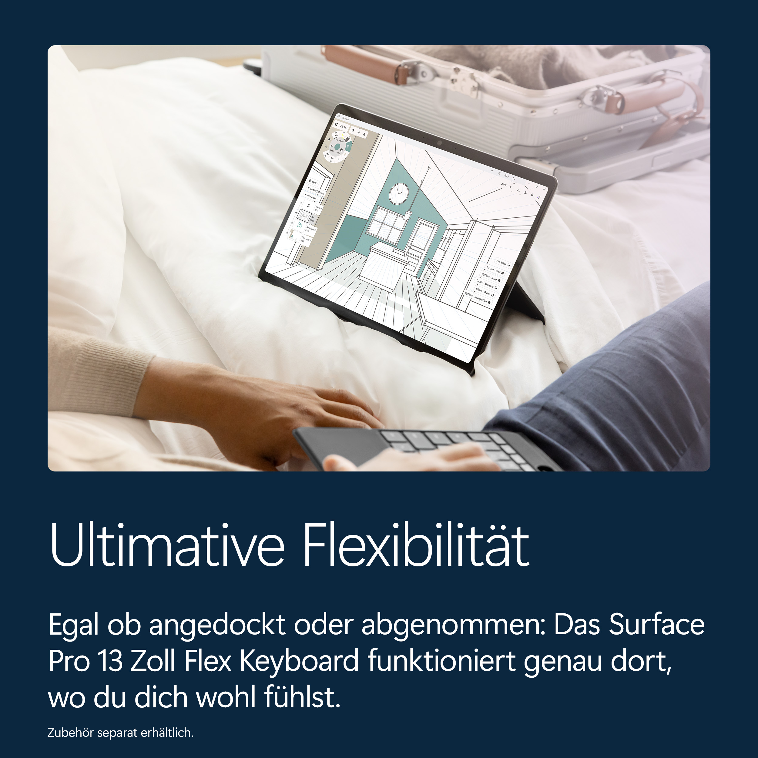 Person nutzt Tablet mit Architektur-Entwurf auf einem Bett neben Koffer.