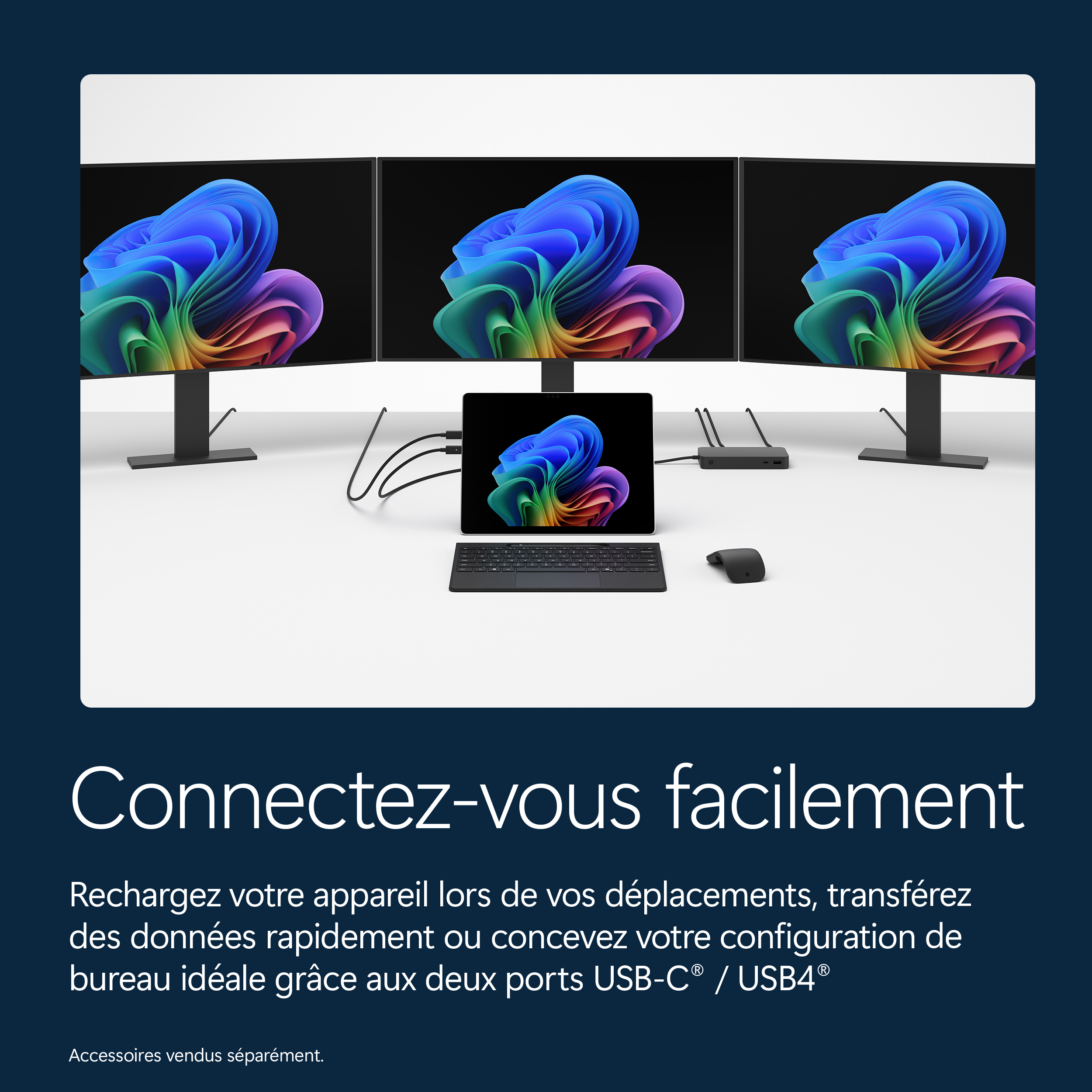 Une configuration de bureau avec trois moniteurs, une tablette, un clavier et une souris.