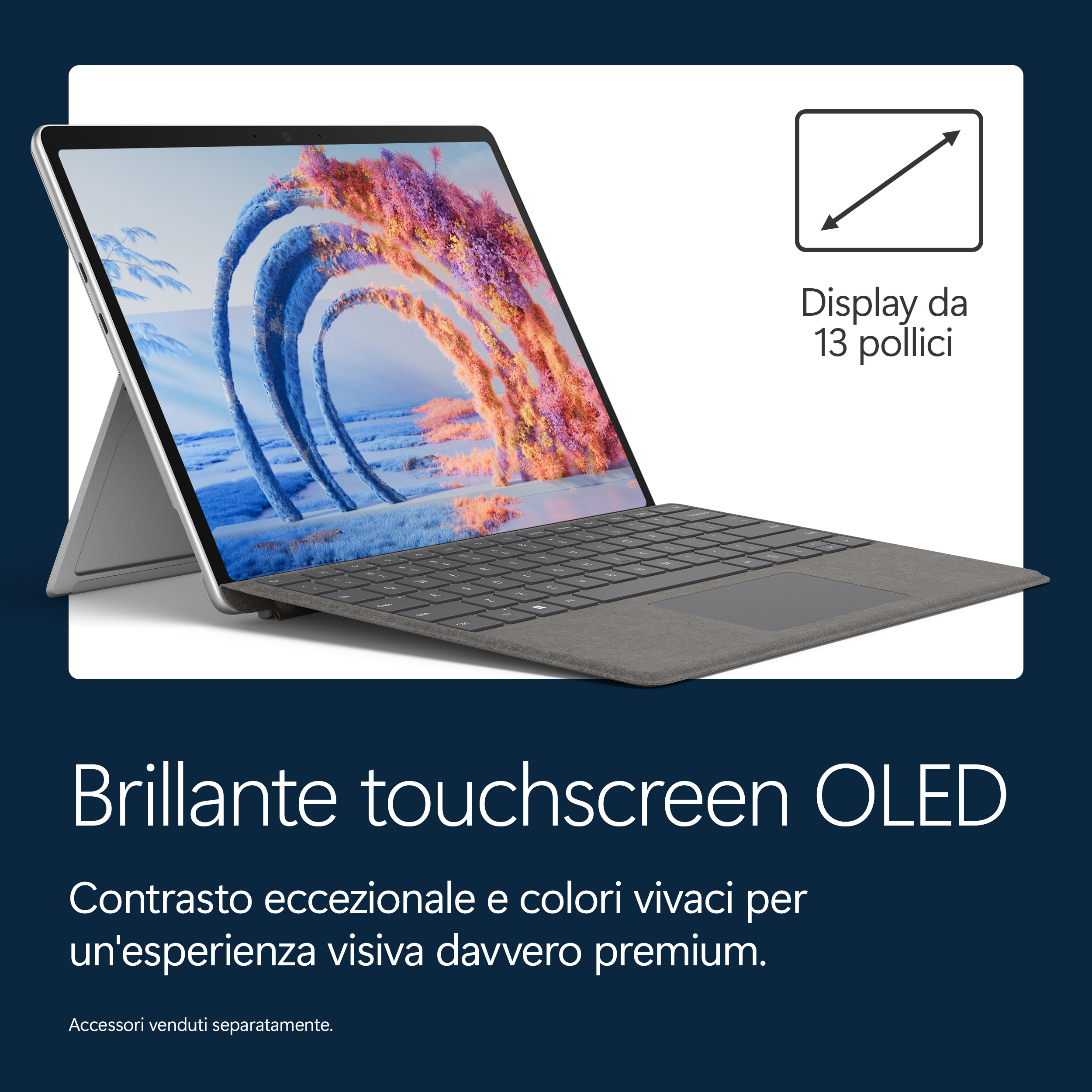 Un laptop con touchscreen OLED da 13 pollici e sfondo astratto.