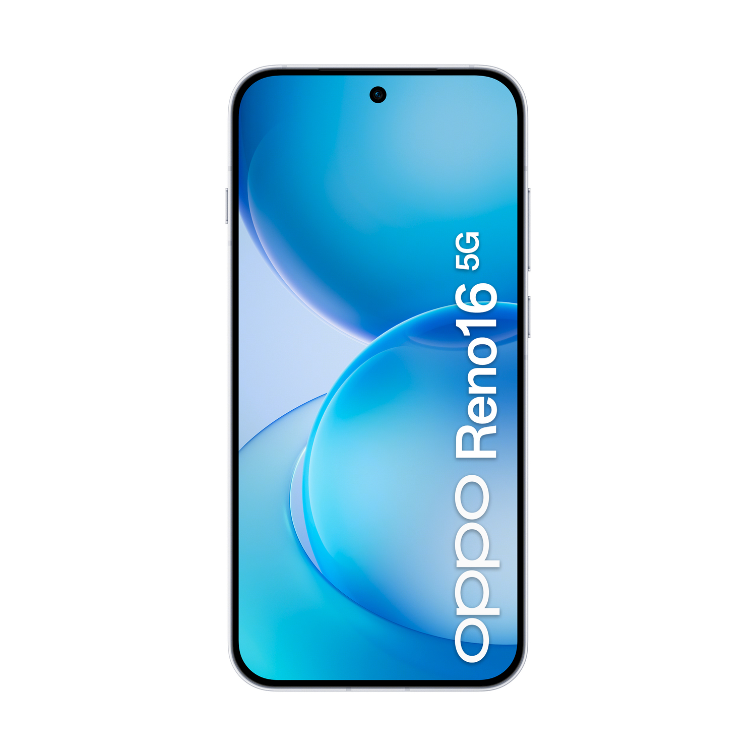 Smartphone Oppo Reno16 5G con sfondo blu e fotocamera frontale.