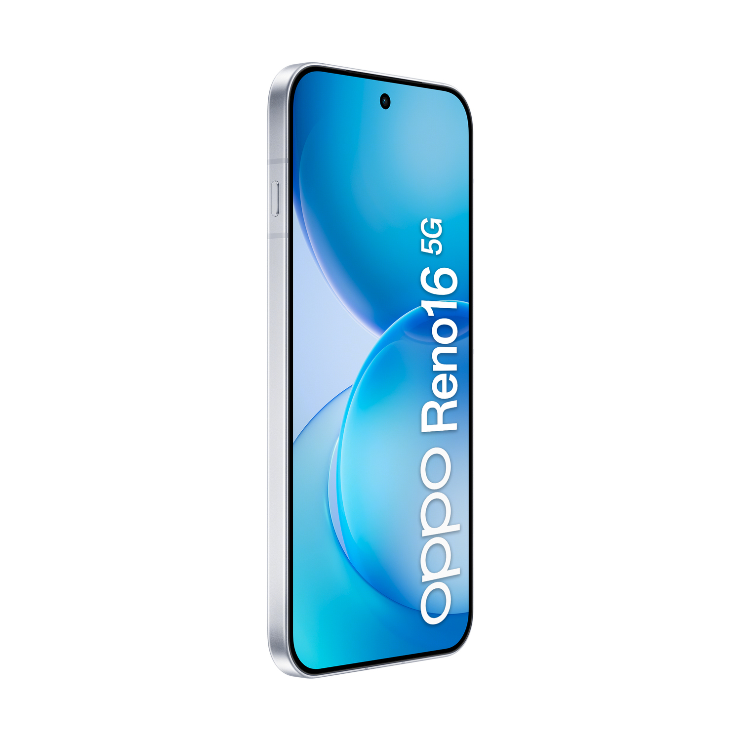 Uno smartphone Oppo Reno16 5G argentato con sfondo blu.