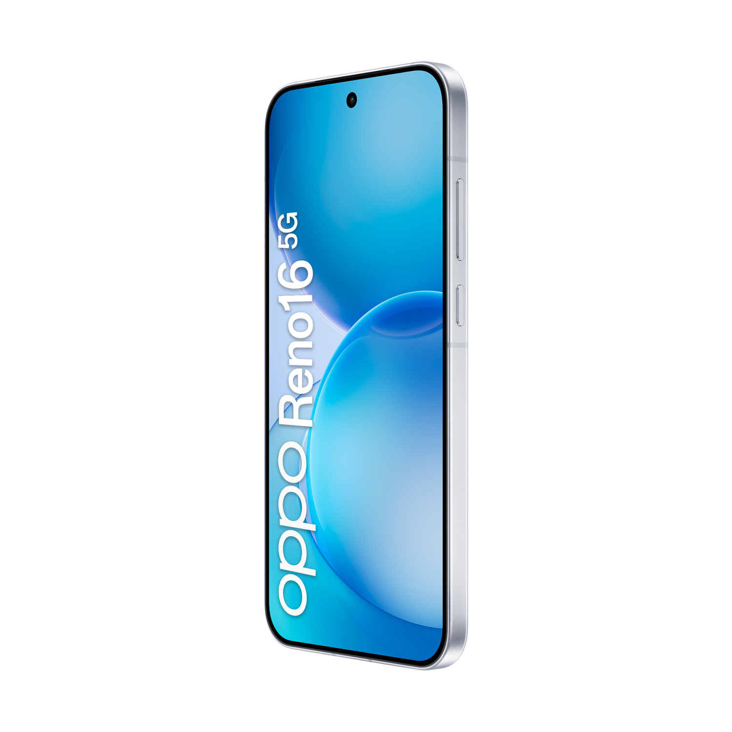 Uno smartphone OPPO Reno16 5G argentato con sfondo blu.