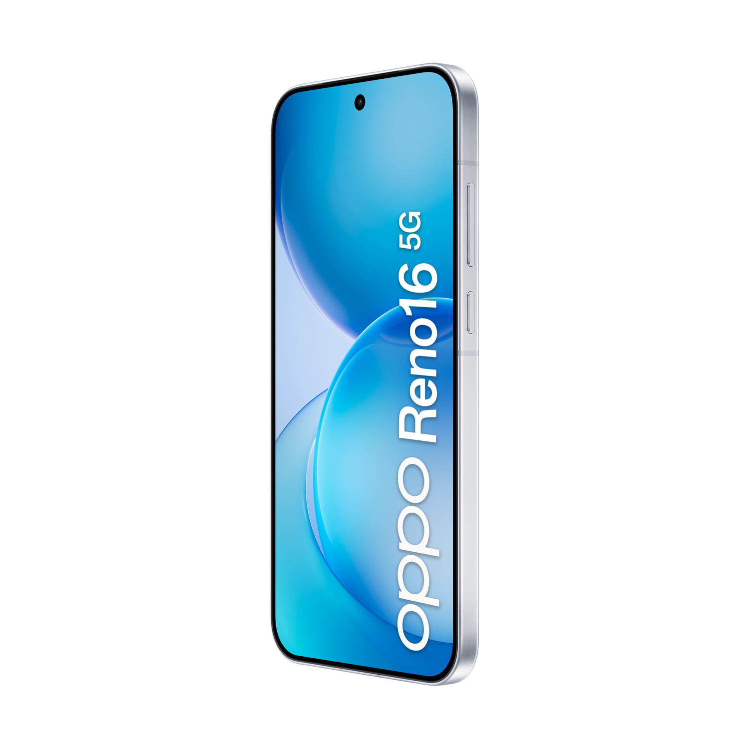 Smartphone argentato con sfondo blu. Mostra Oppo Reno16 5G.