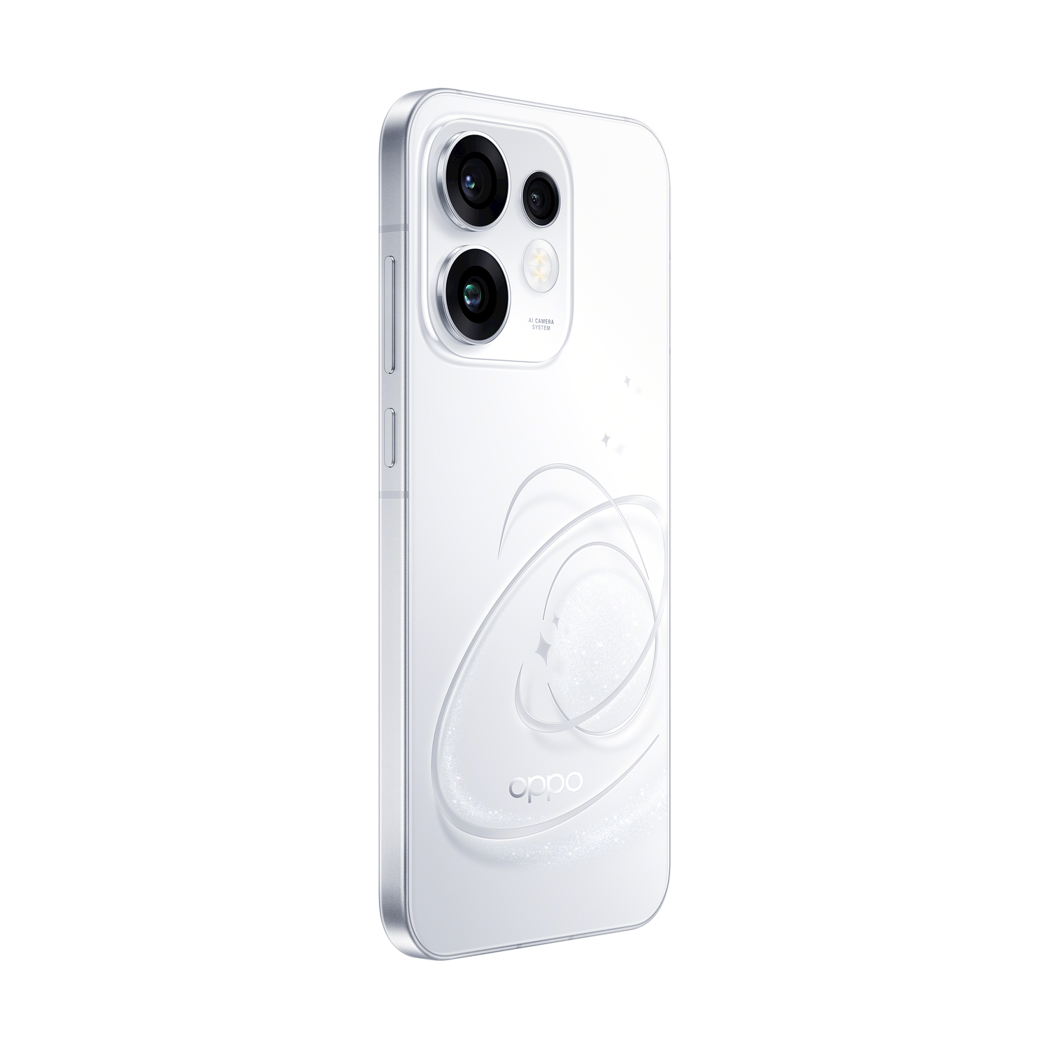 Uno smartphone bianco con fotocamera e logo OPPO sul retro.