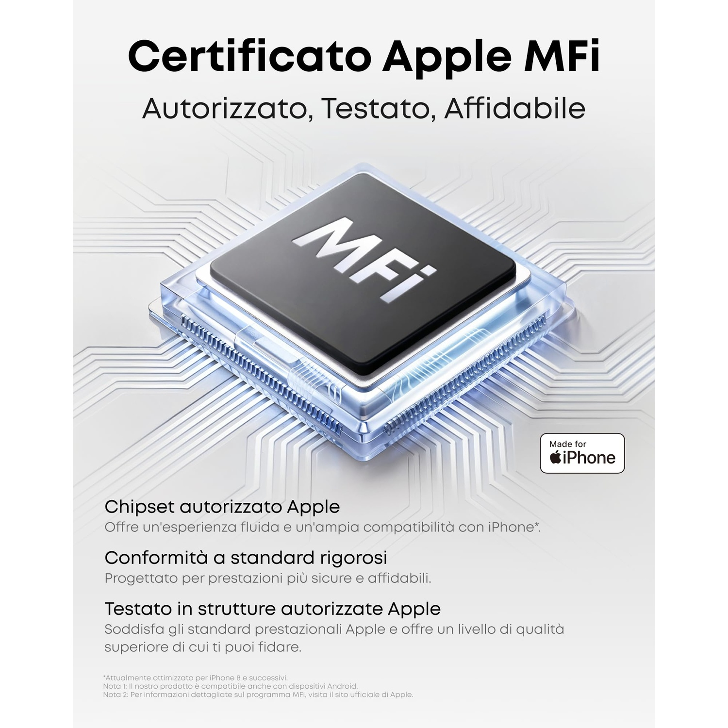 Chipset certificato Apple MFi per iPhone. Autorizzato, testato, affidabile.