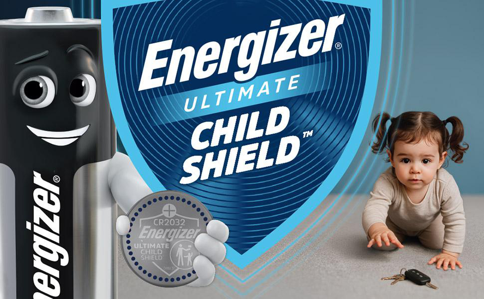 Ein Energizer-Akku mit Gesicht hält eine Batterie mit dem Aufdruck 'Child Shield'.