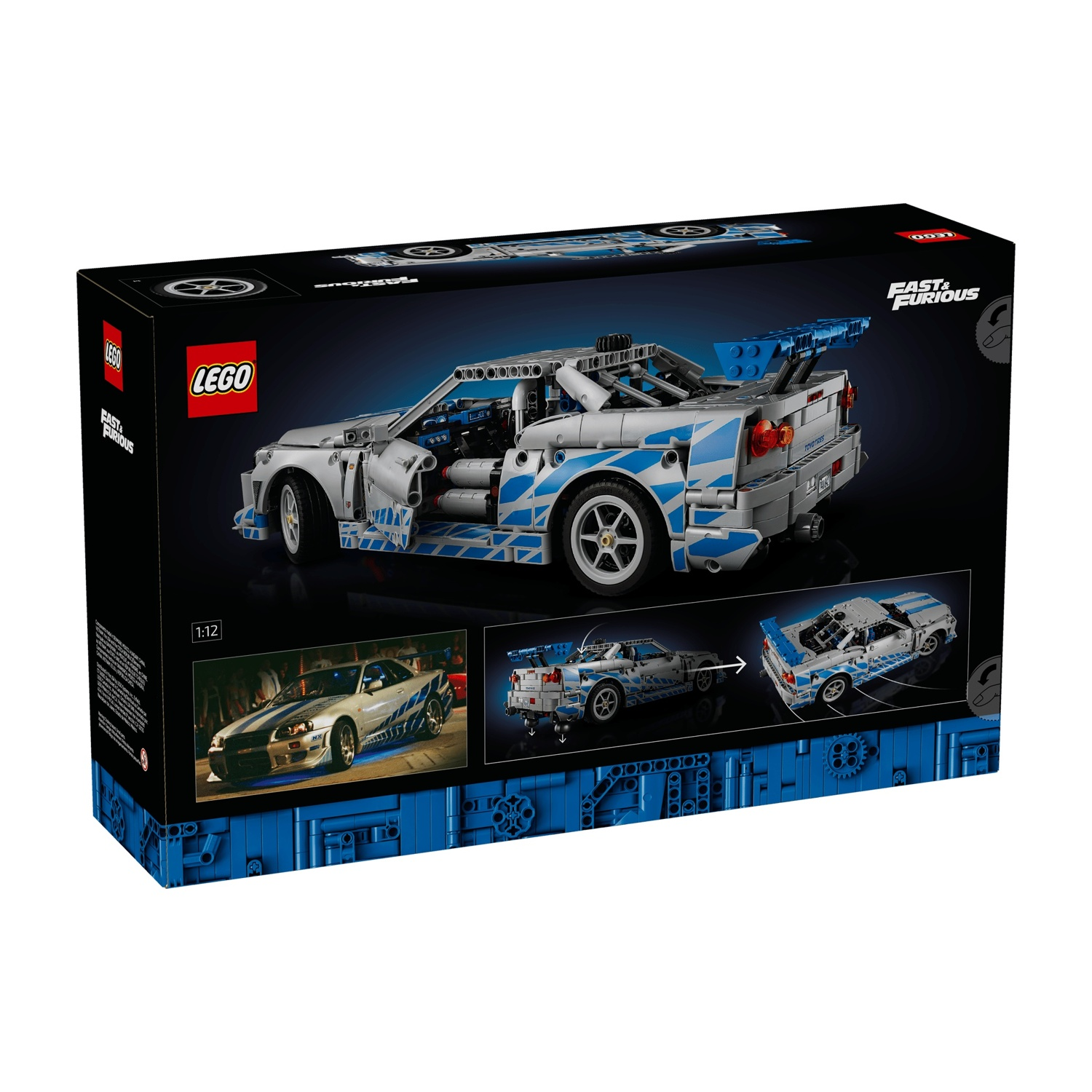 Set di costruzione Lego Technic Fast & Furious Nissan Skyline GT-R sulla sua scatola.