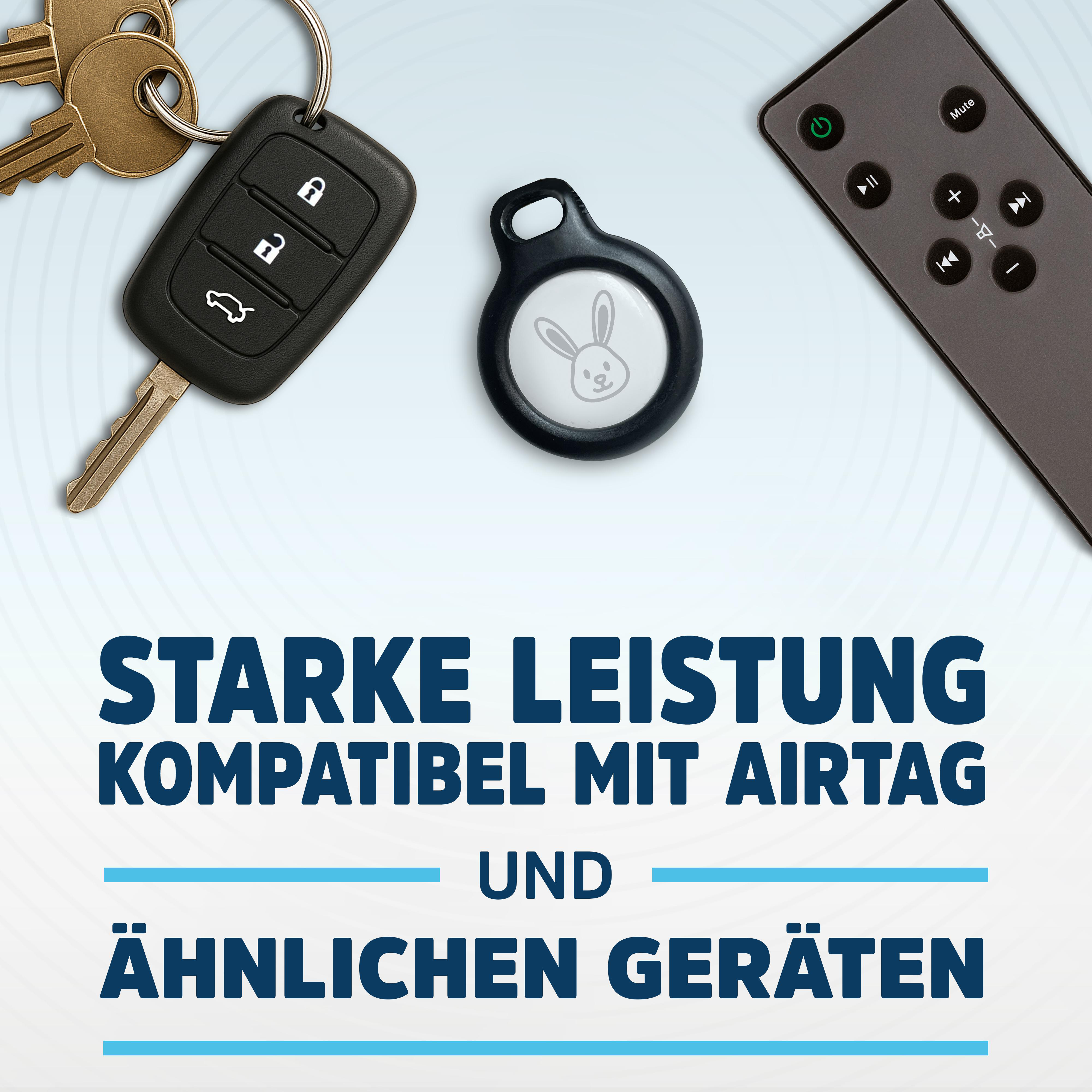 Autoschlüssel, Fernbedienung, AirTag-Anhänger mit Hase, Text.