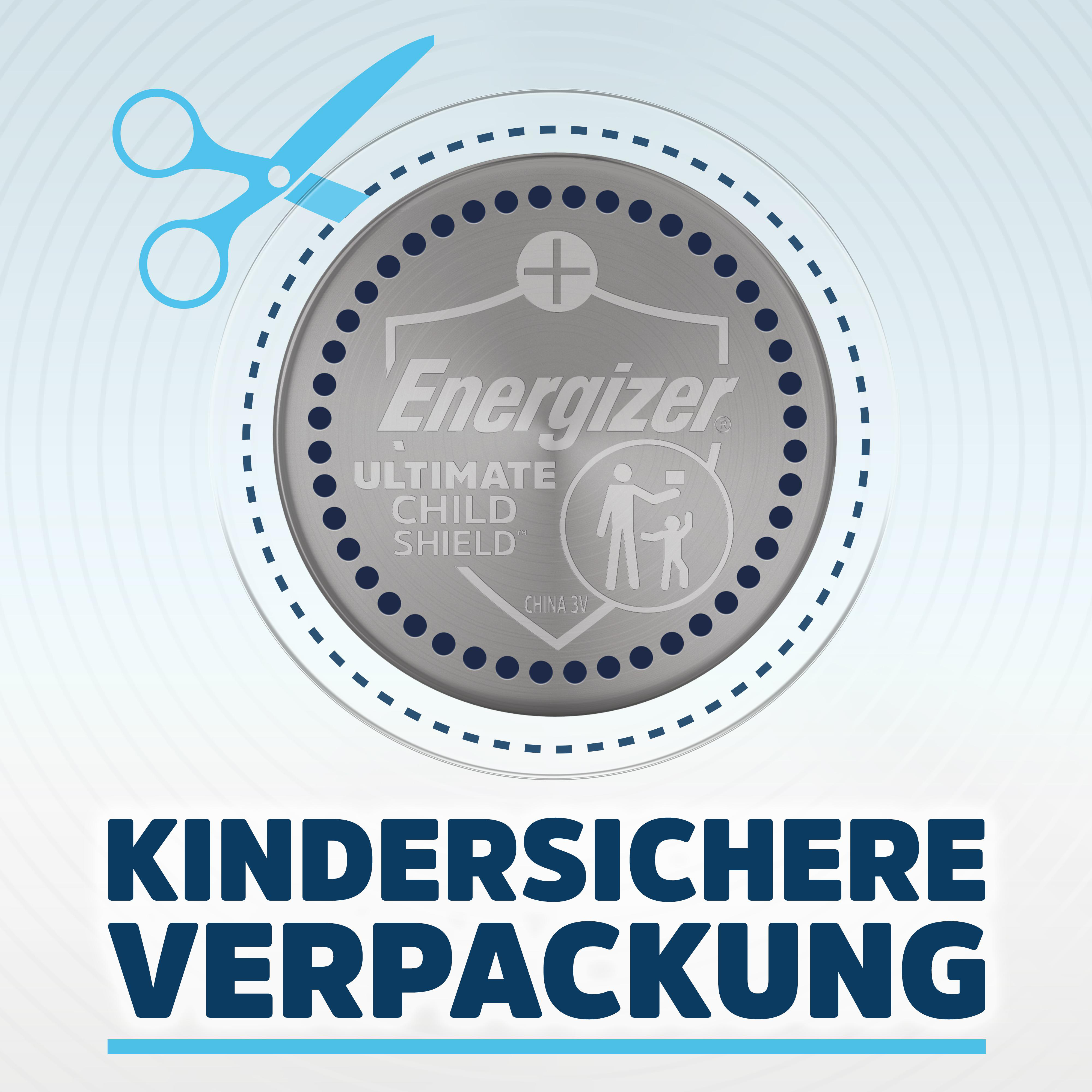 Energizer Kindersichere Verpackung mit Schere und Batterie-Symbol.