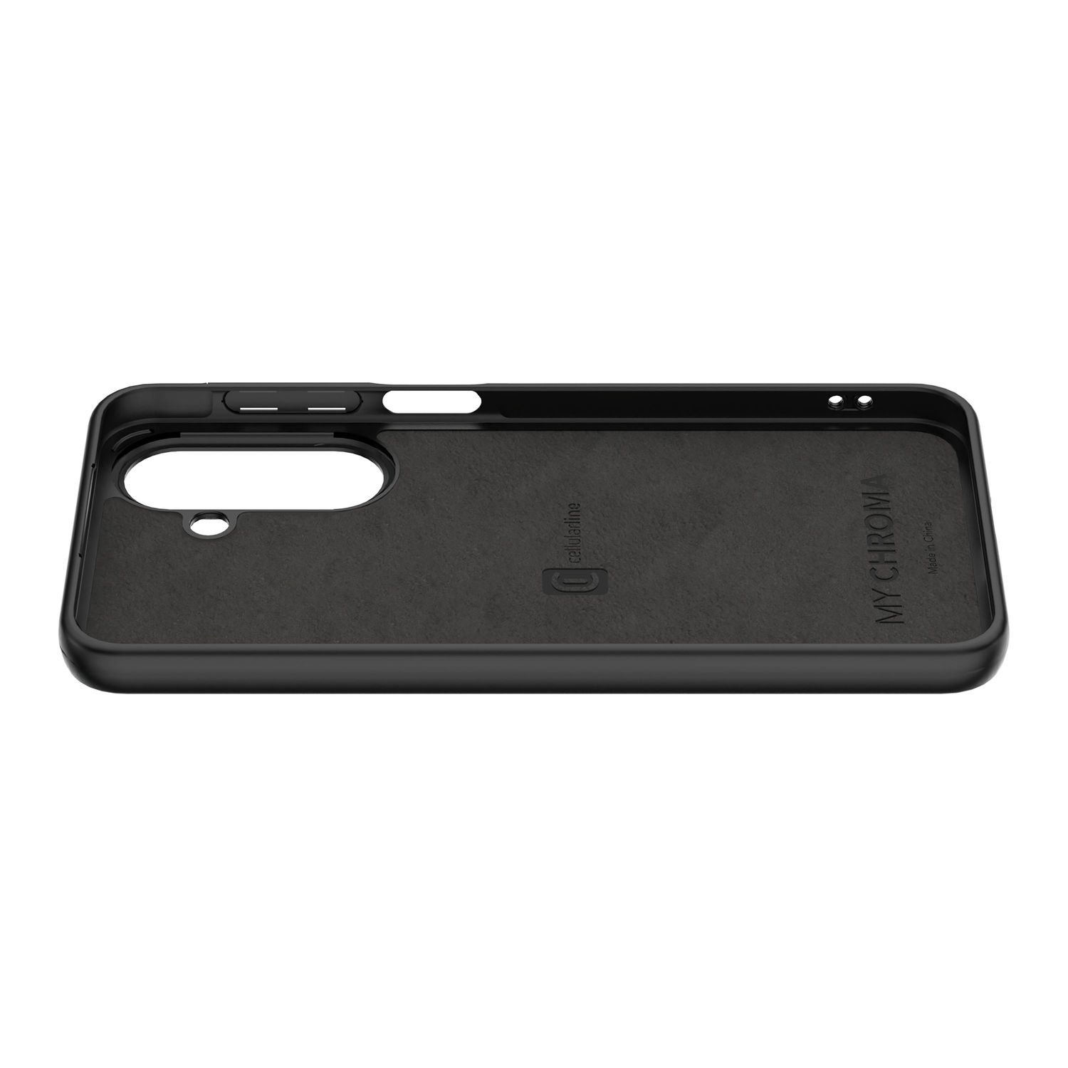 Funda negra para teléfono con recortes para cámara y botones.