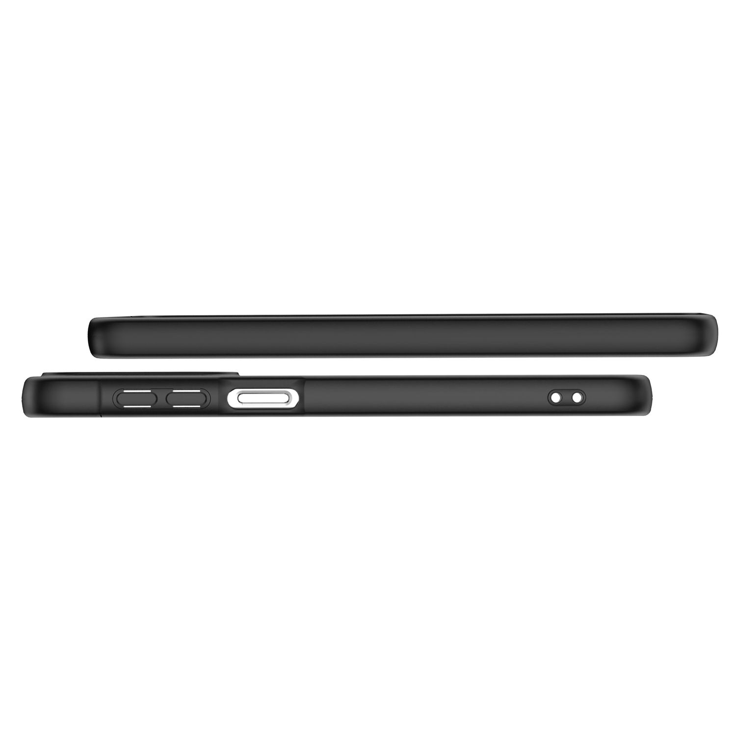 Dos fundas de teléfono negras, una apilada sobre la otra, vista lateral.