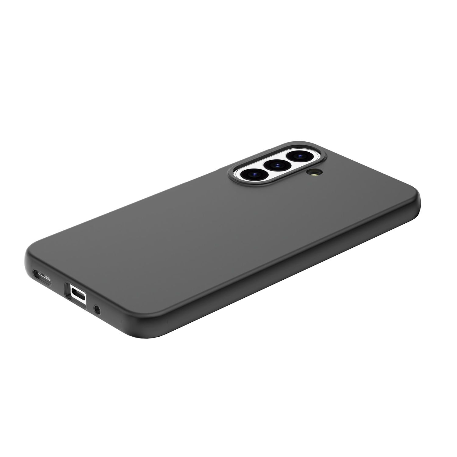 Una funda negra para teléfono con tres lentes de cámara y un flash.