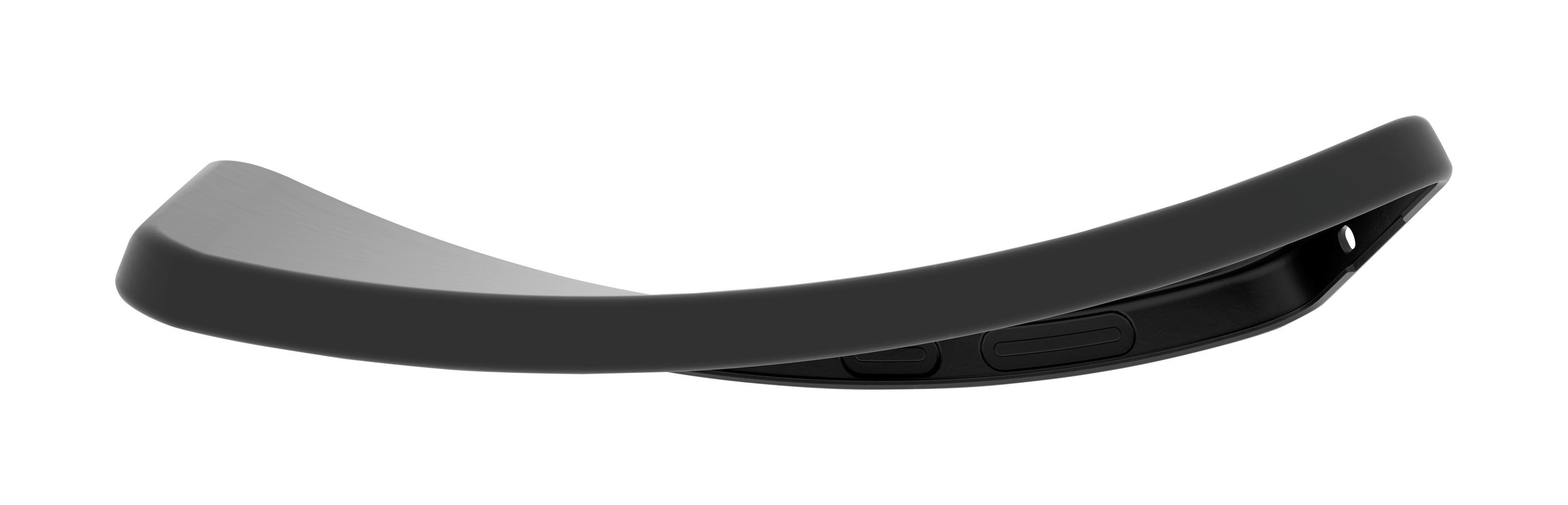 Una funda de teléfono negra y flexible con bordes curvos y un recorte.