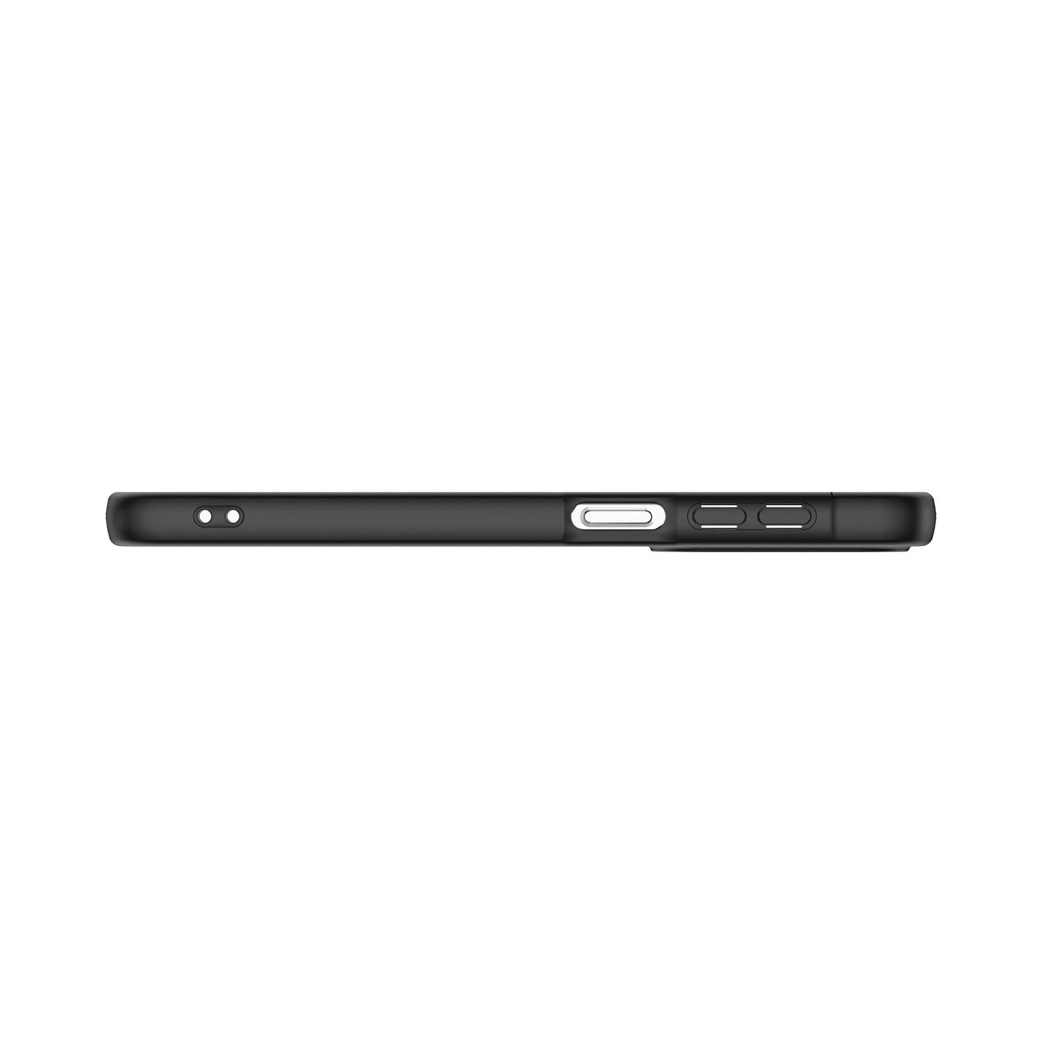 Funda de teléfono negra con dos botones y dos recortes.