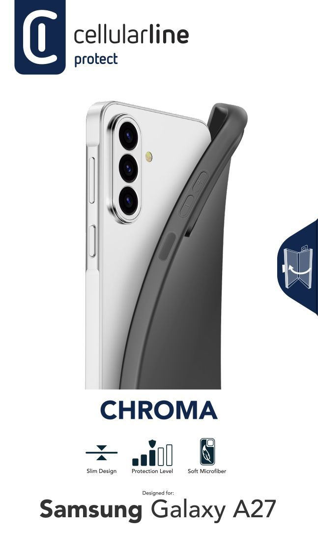 Packaging Protect Chroma para Samsung Galaxy A27: funda negra, smartphone blanco, logo CellularLine negro. Slim Design, Protection Level, Soft Microfiber.