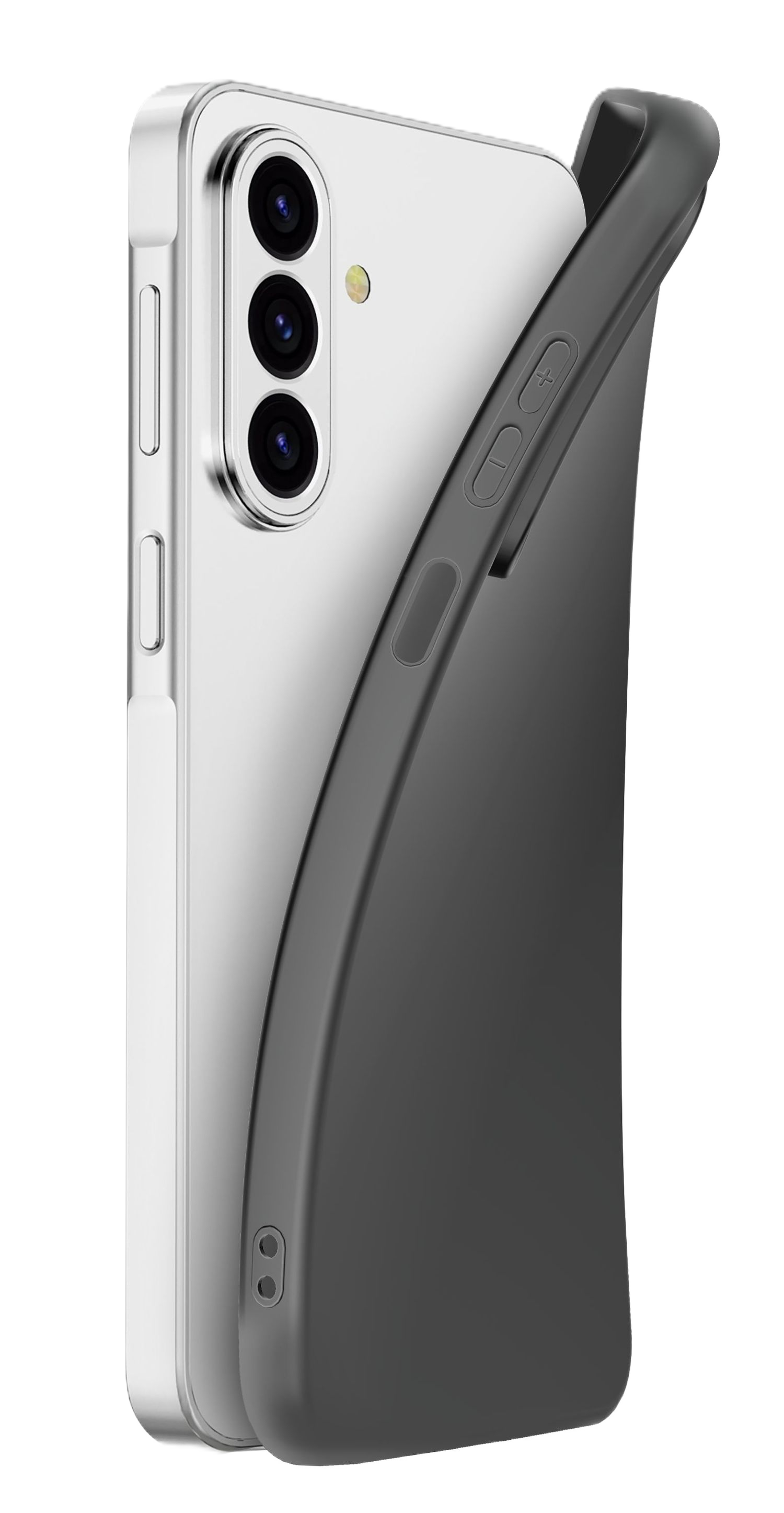 Un smartphone plateado con tres cámaras, parcialmente cubierto por una funda oscura.