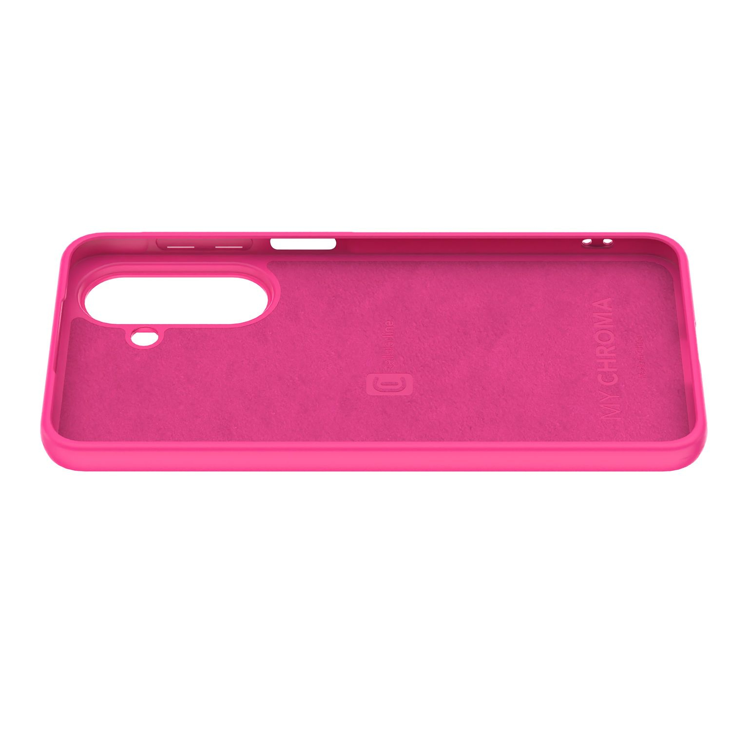 Una funda de teléfono rosa brillante con recortes para cámara y botones.