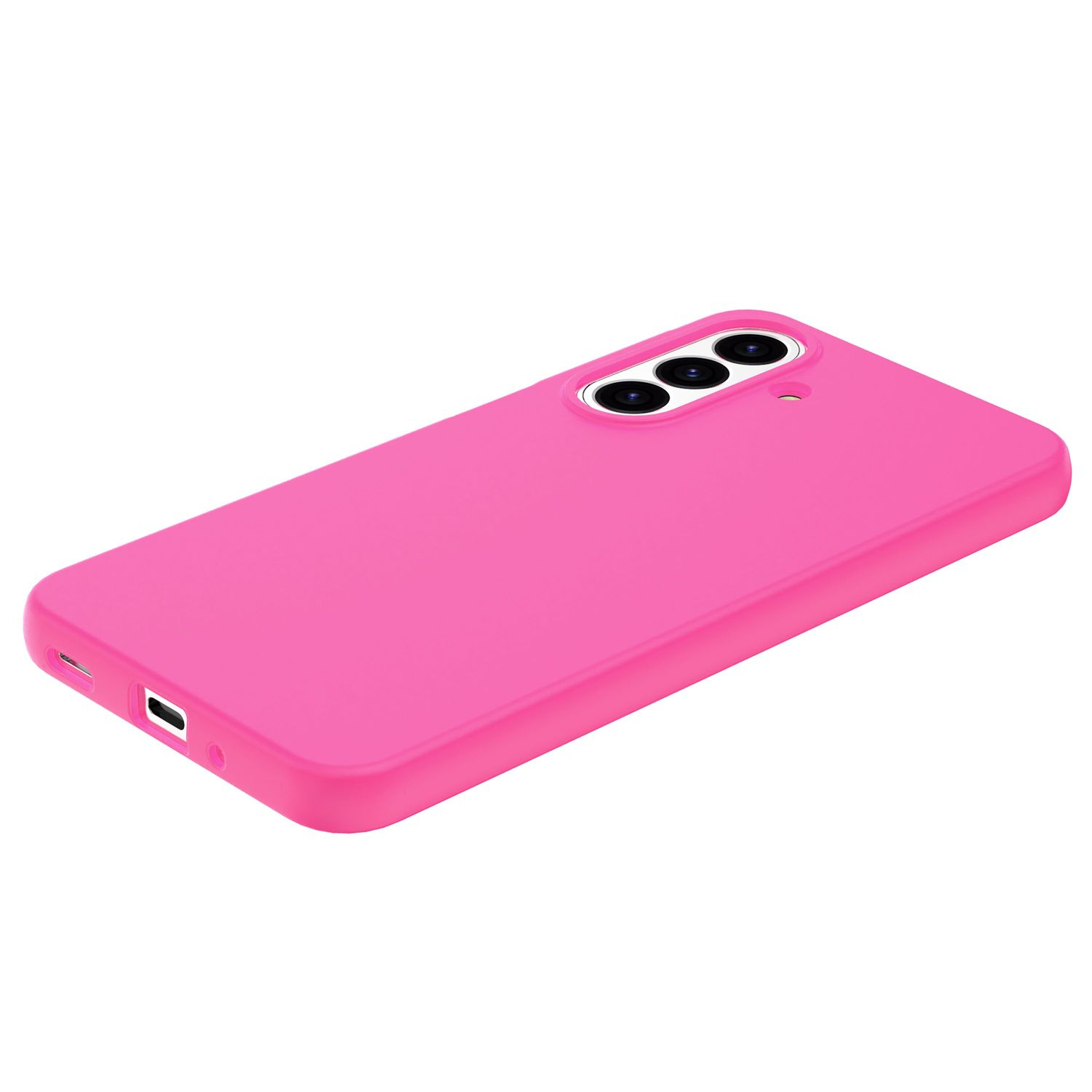 Una funda de teléfono rosa brillante con tres lentes de cámara y puerto de carga.