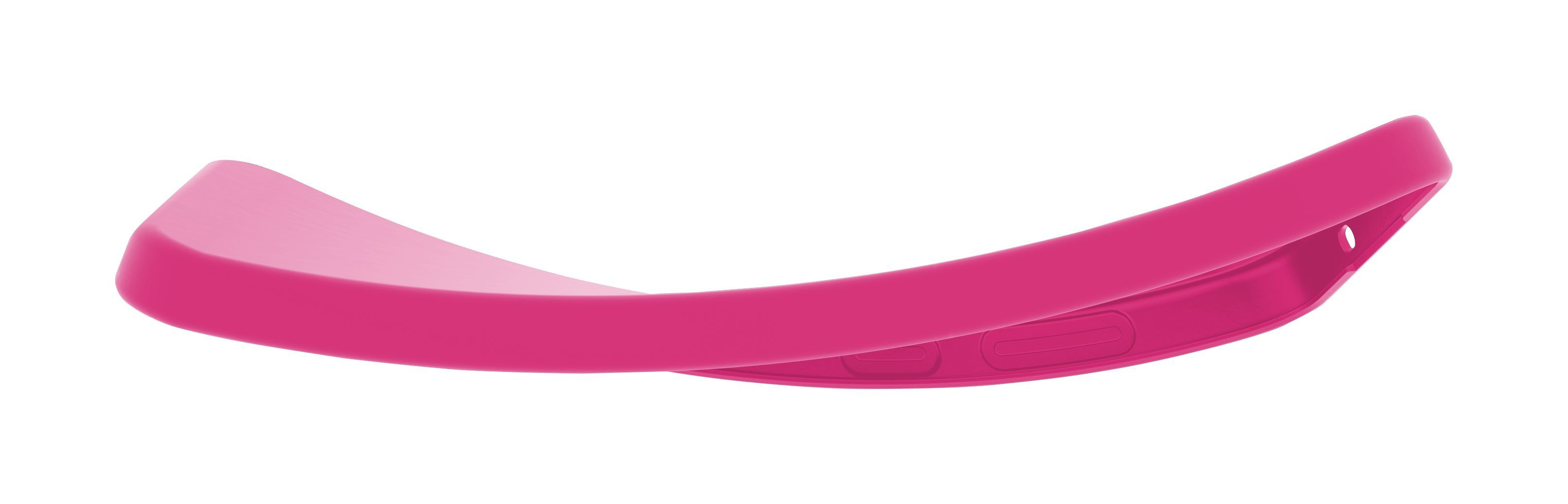 Una funda de teléfono flexible y magenta que se curva sobre un fondo blanco.
