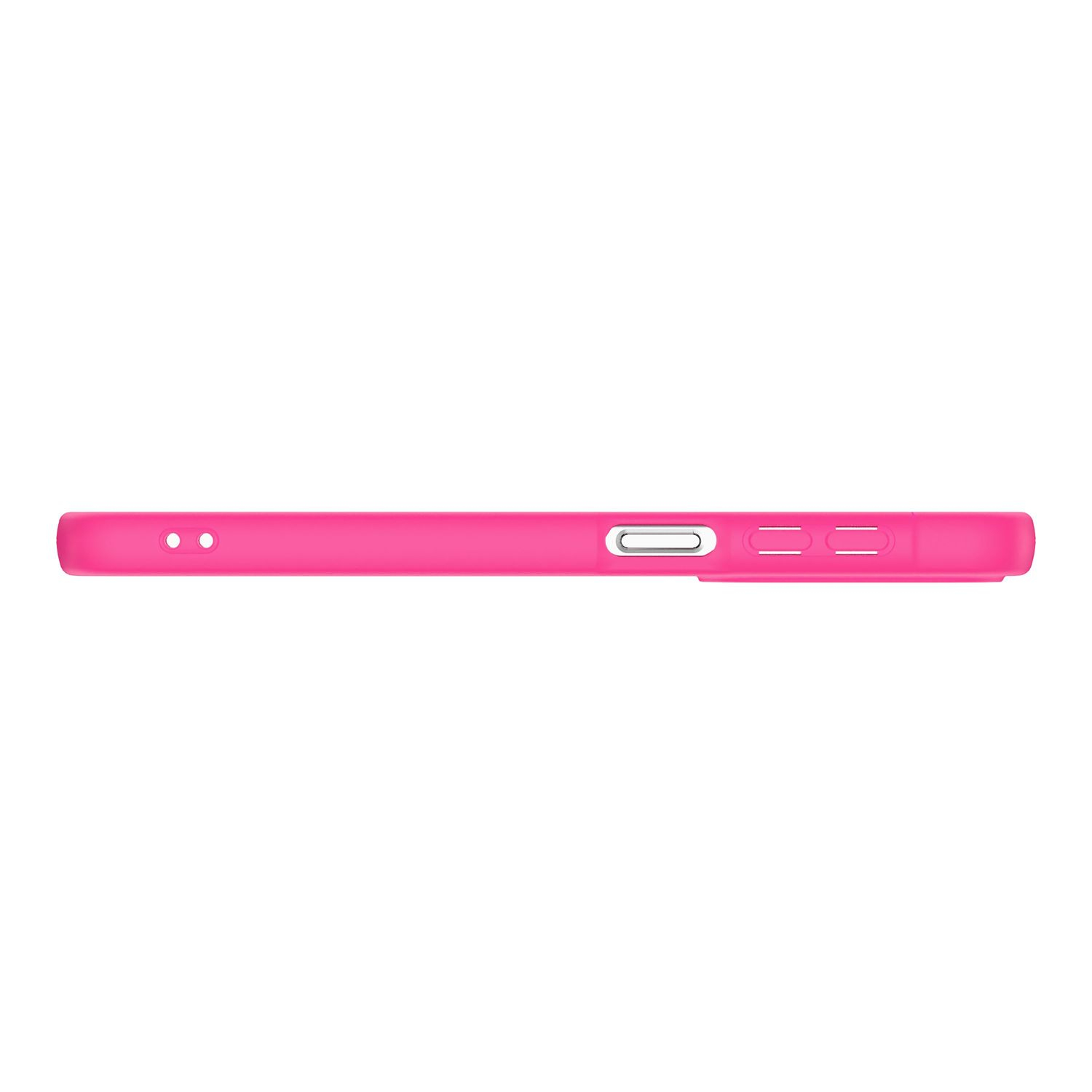 Una funda de teléfono delgada y rosa brillante con botones laterales y dos círculos pequeños.