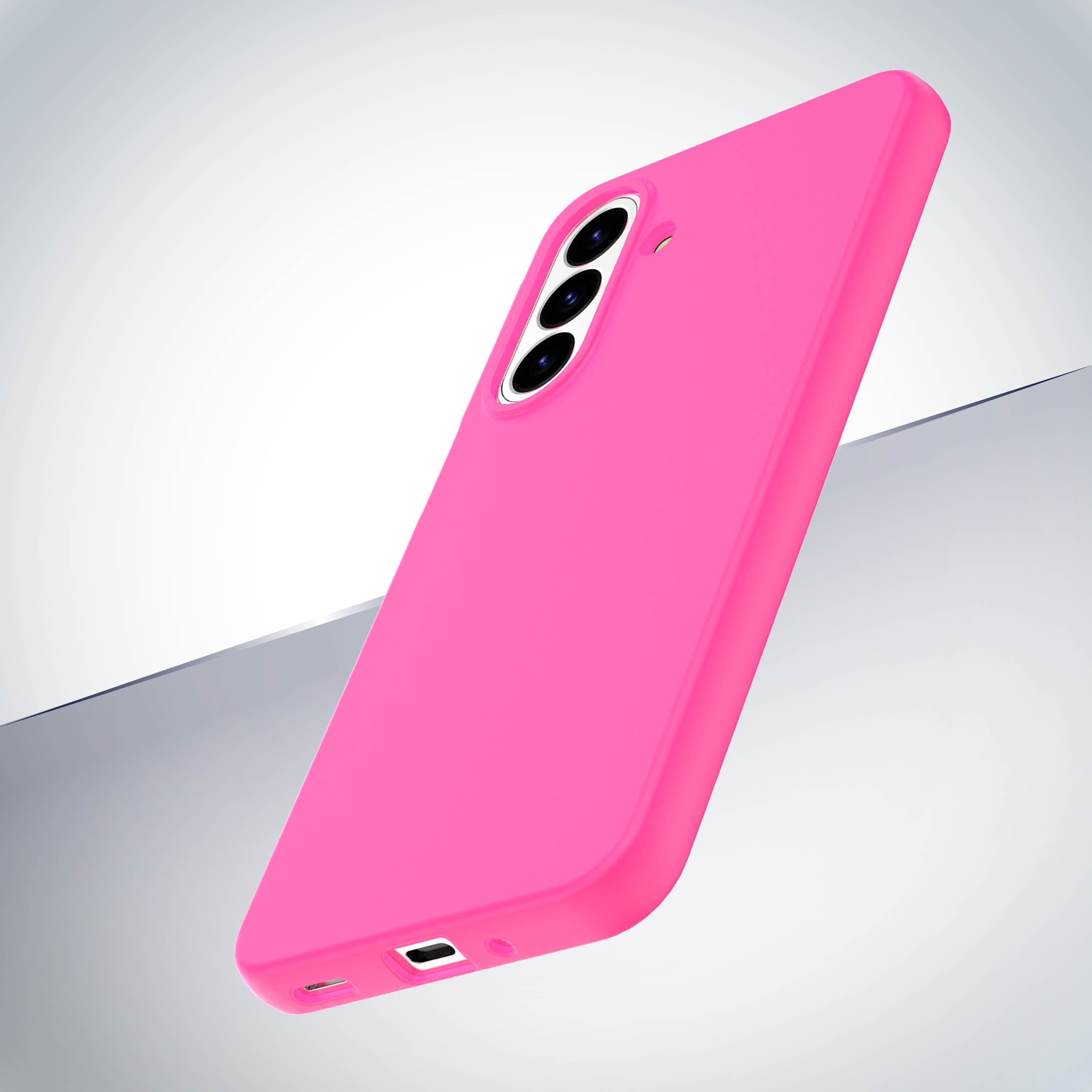 Una funda de teléfono rosa brillante con tres lentes de cámara y puerto de carga.