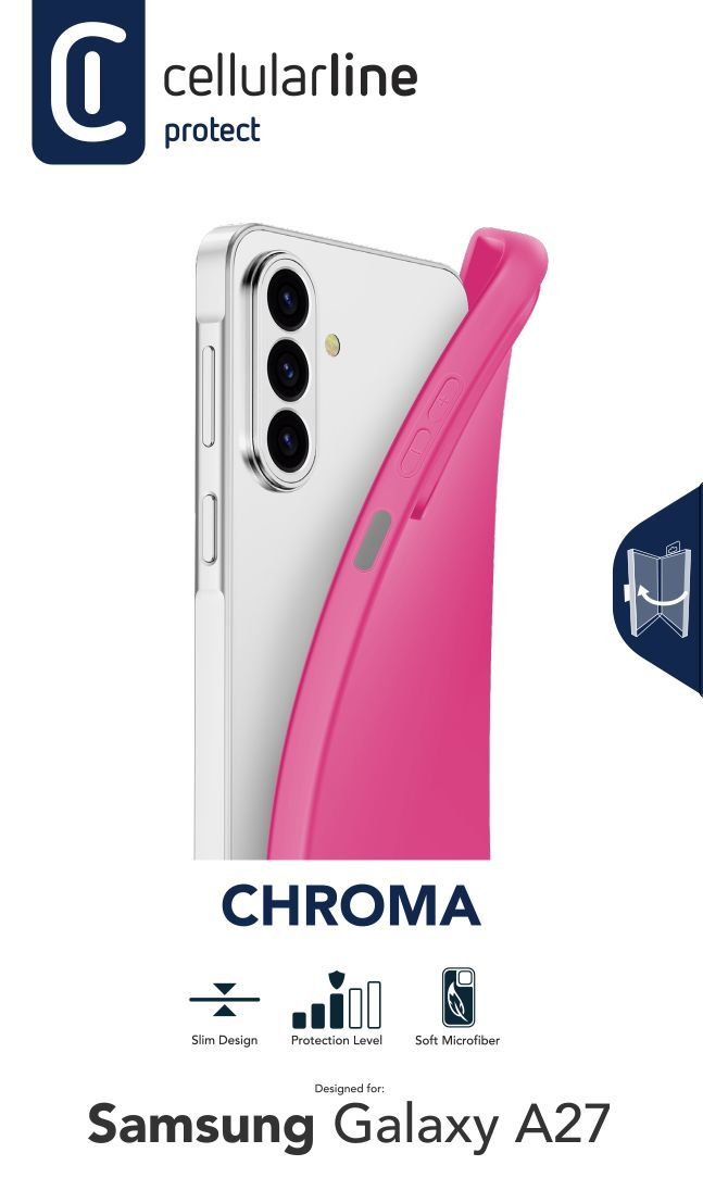 Packaging Protect Chroma para Samsung Galaxy A27: funda rosa, smartphone blanco, logo CellularLine negro. Slim Design, Protection Level, Soft Microfiber.