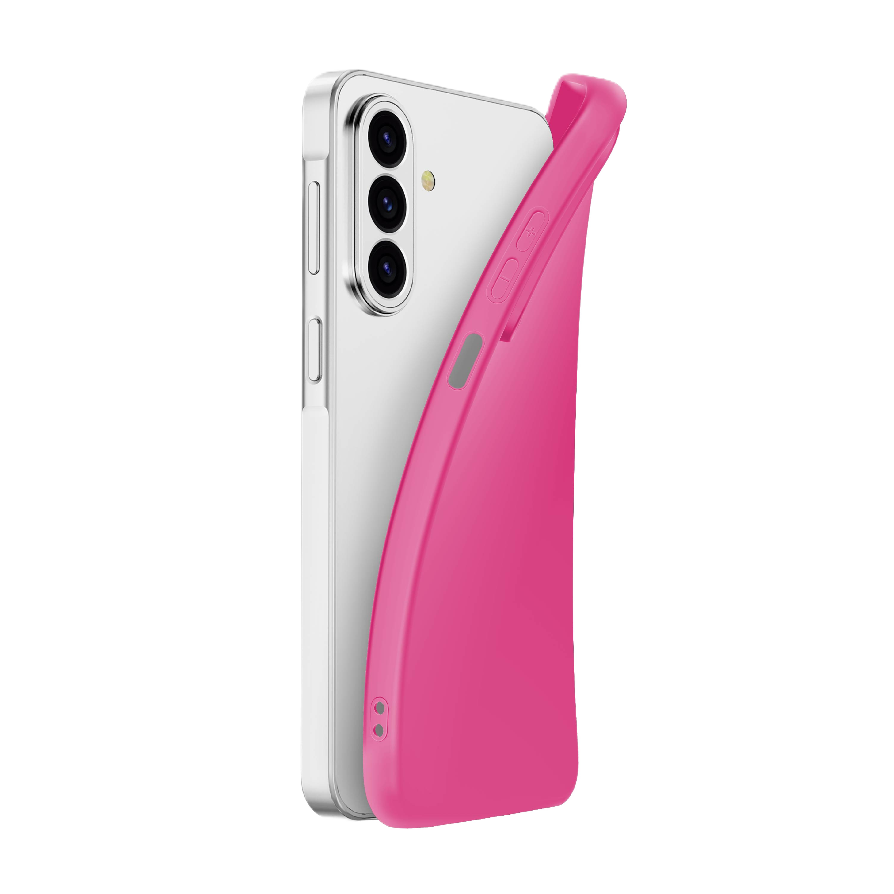 Un smartphone blanco con una funda protectora rosa brillante.