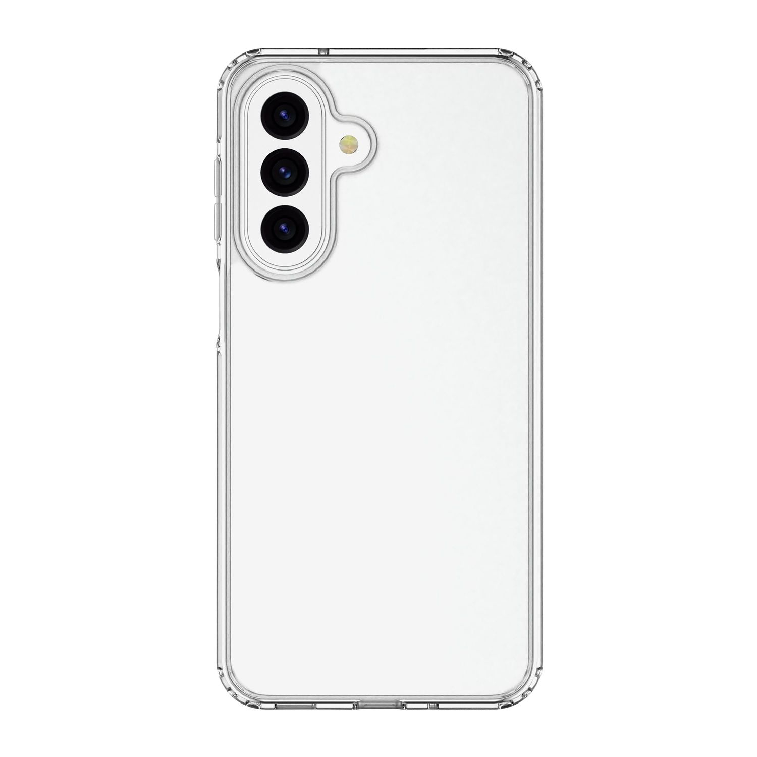Una funda de teléfono transparente con tres lentes de cámara y un flash.