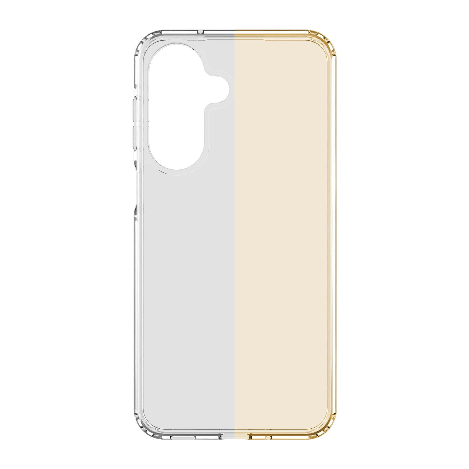 Funda transparente para teléfono con recorte de cámara y bordes redondeados.