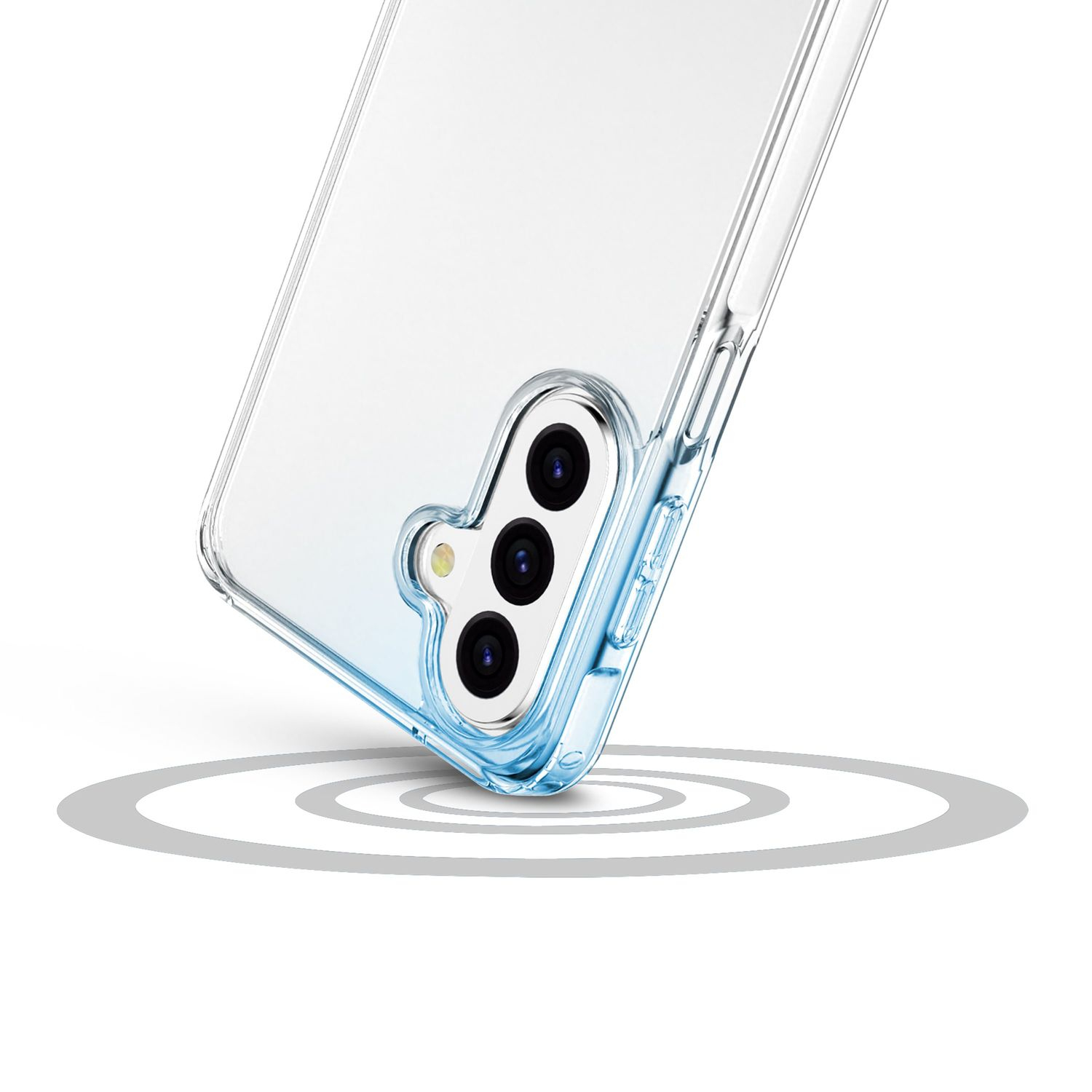 Funda transparente para teléfono con detalles azules en el módulo de cámara.