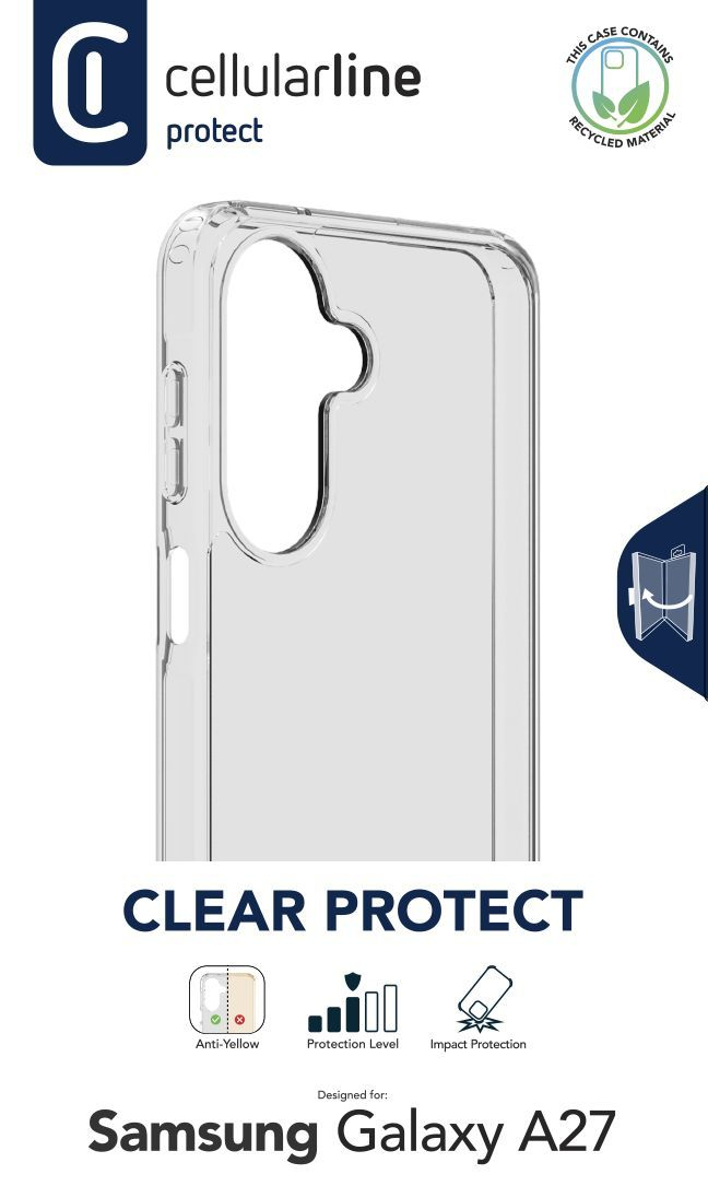 Packaging Clear Protect Samsung Galaxy A27: funda transparente, logo CellularLine negro. Anti-Yellow, Reciclado, Impact Protection Level.