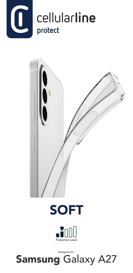 Packaging Protect Soft Samsung Galaxy A27: funda flexible transparente, smartphone blanco, triple cámara, logo CellularLine negro, Protection Level.