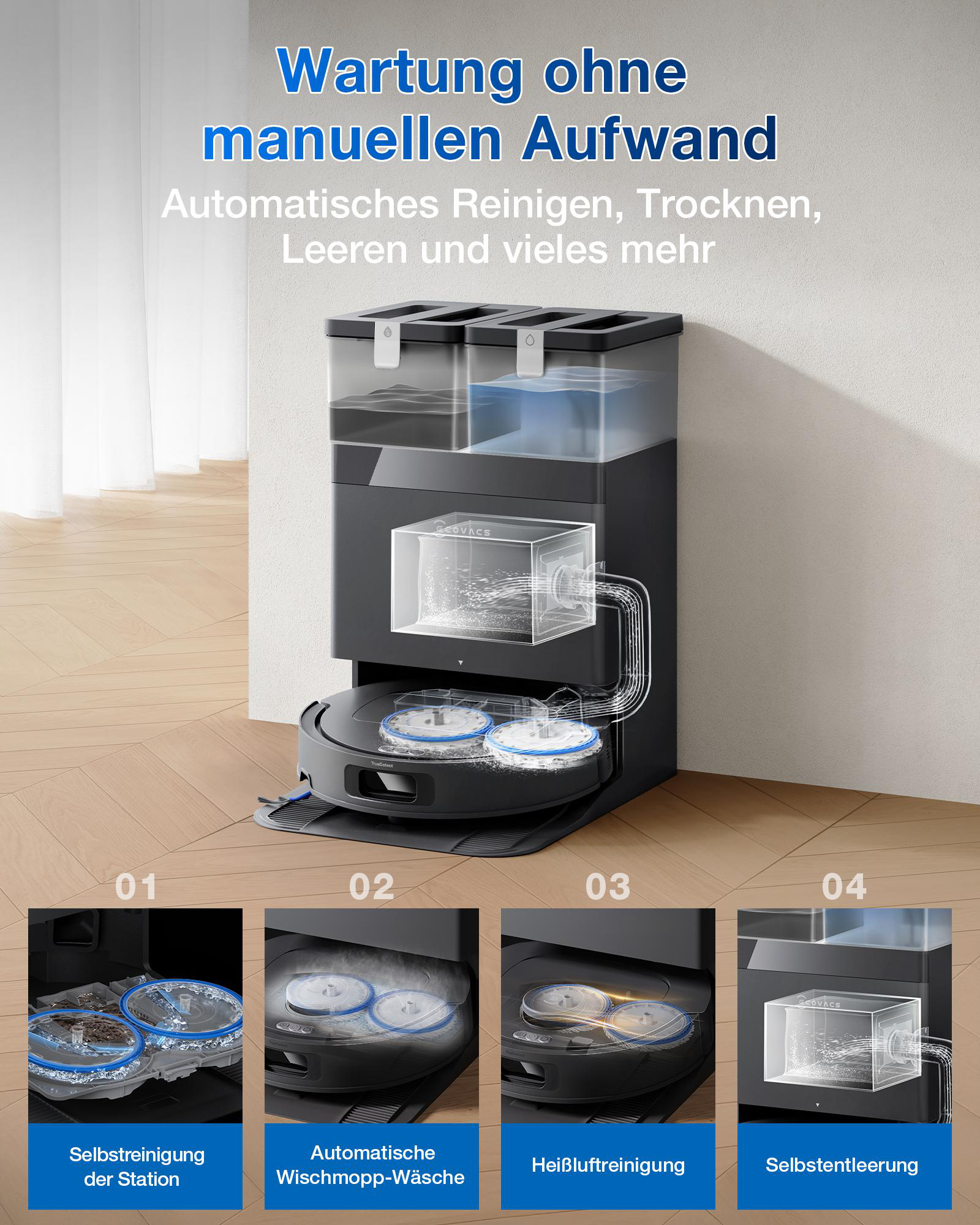 Ein Saugroboter mit Station für automatische Reinigung, Trocknung und Leerung.