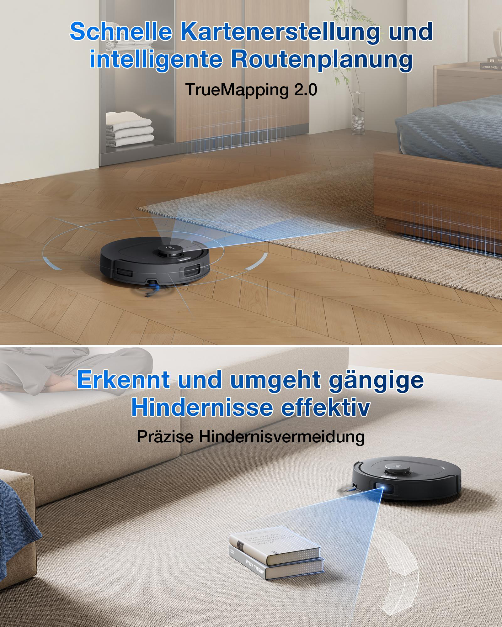 Ein Saugroboter kartiert eine Wohnung und umgeht Hindernisse wie Bücher.