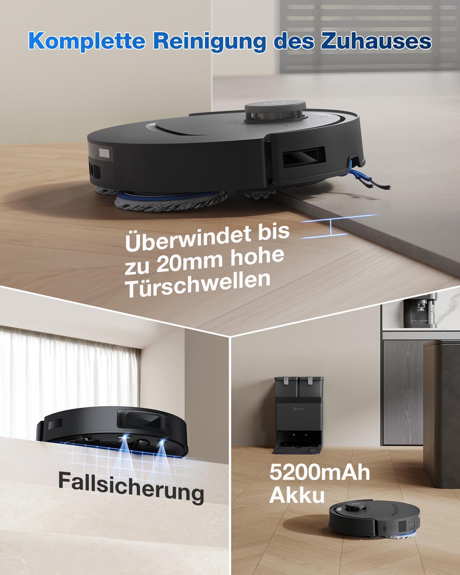 Schwarzer Saugroboter überquert Türschwellen, hat Fallsicherung, 5200mAh Akku.