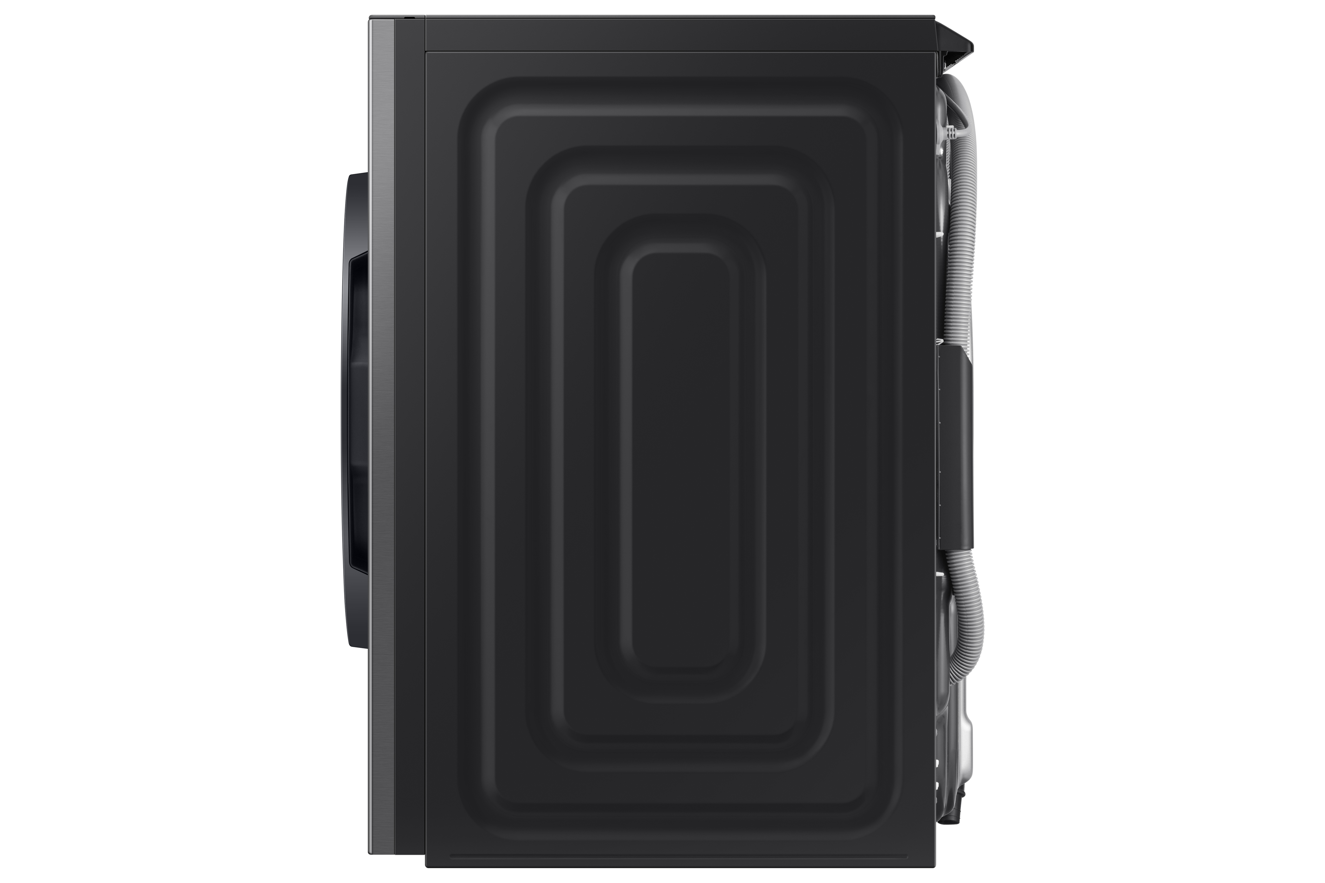 Schwarze Waschmaschine von der Seite mit Schläuchen auf der Rückseite.