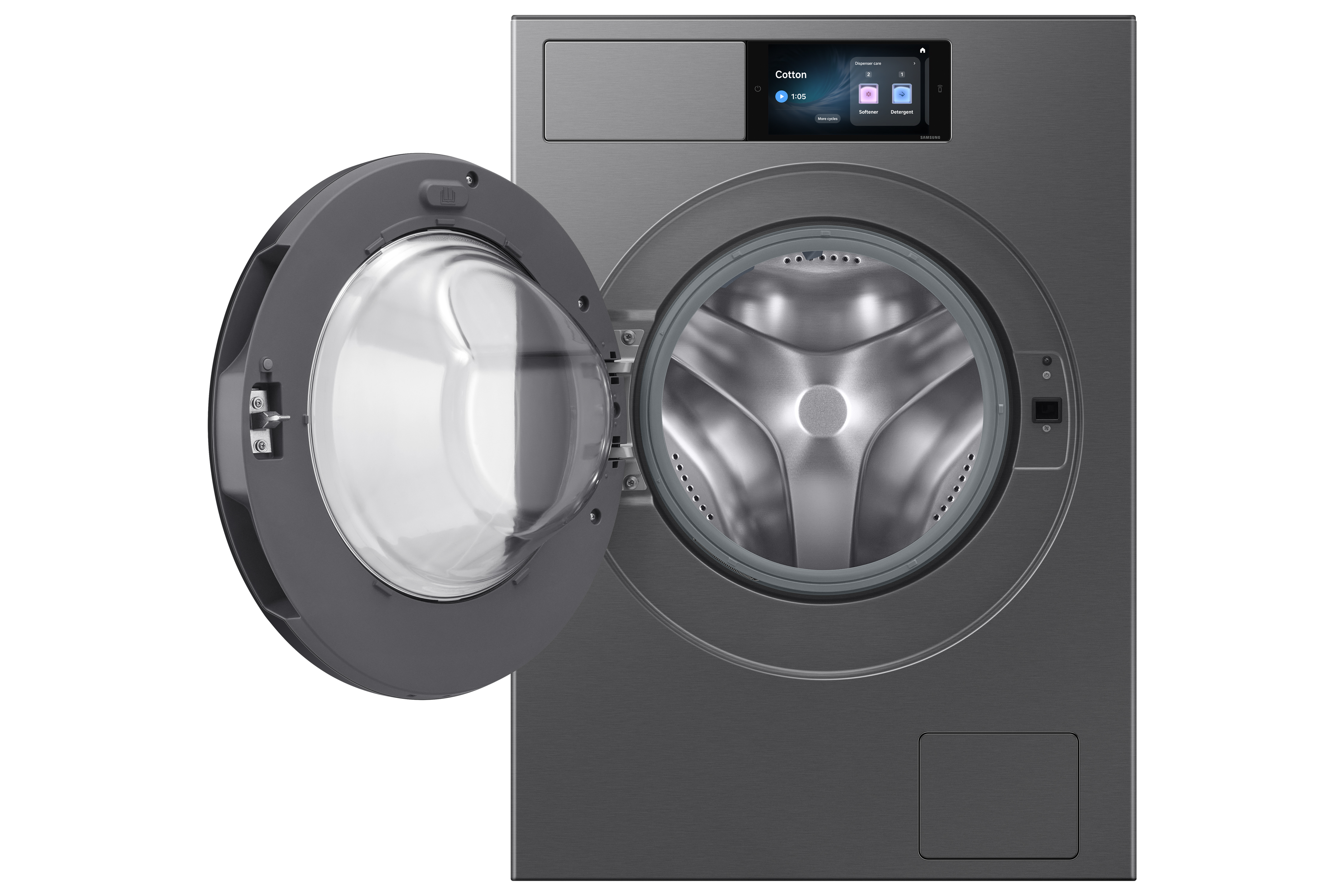 Eine graue Waschmaschine mit geöffneter Tür und einem Touchscreen-Display.
