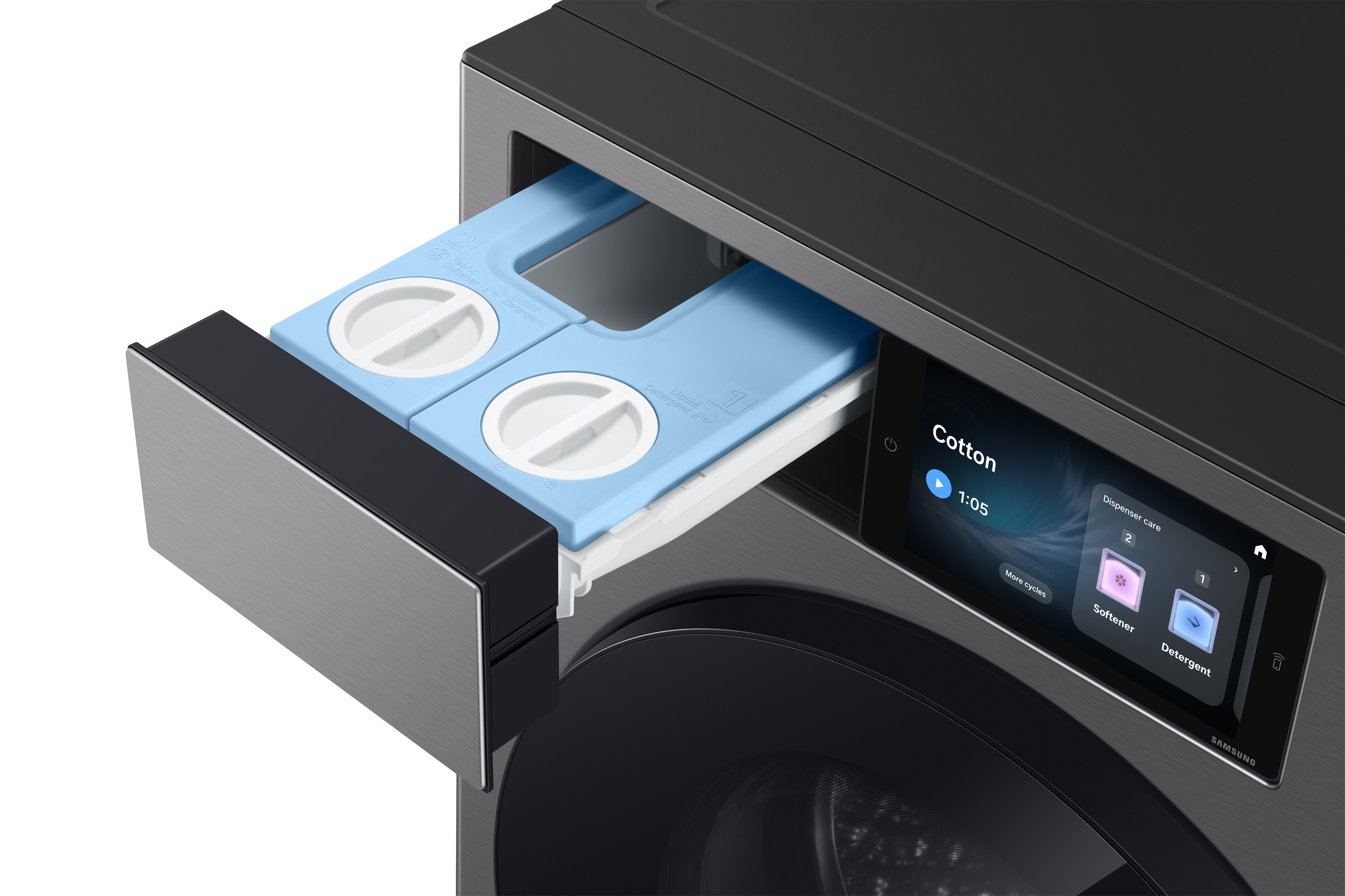 Eine Waschmaschine mit herausgezogenem Waschmittelbehälter und Touchscreen-Display.