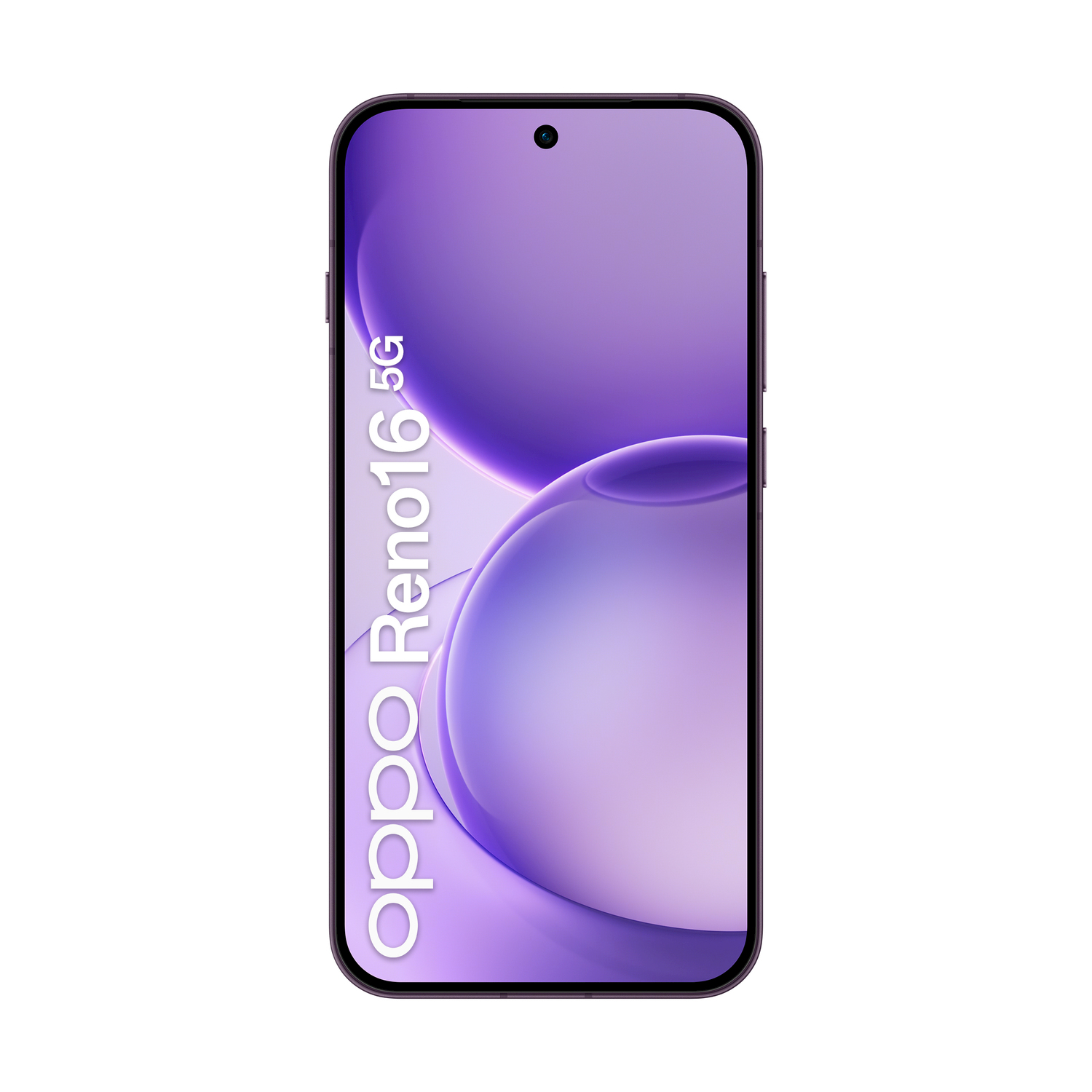 Smartphone Oppo Reno 16 5G viola con motivo ondulato sullo schermo.