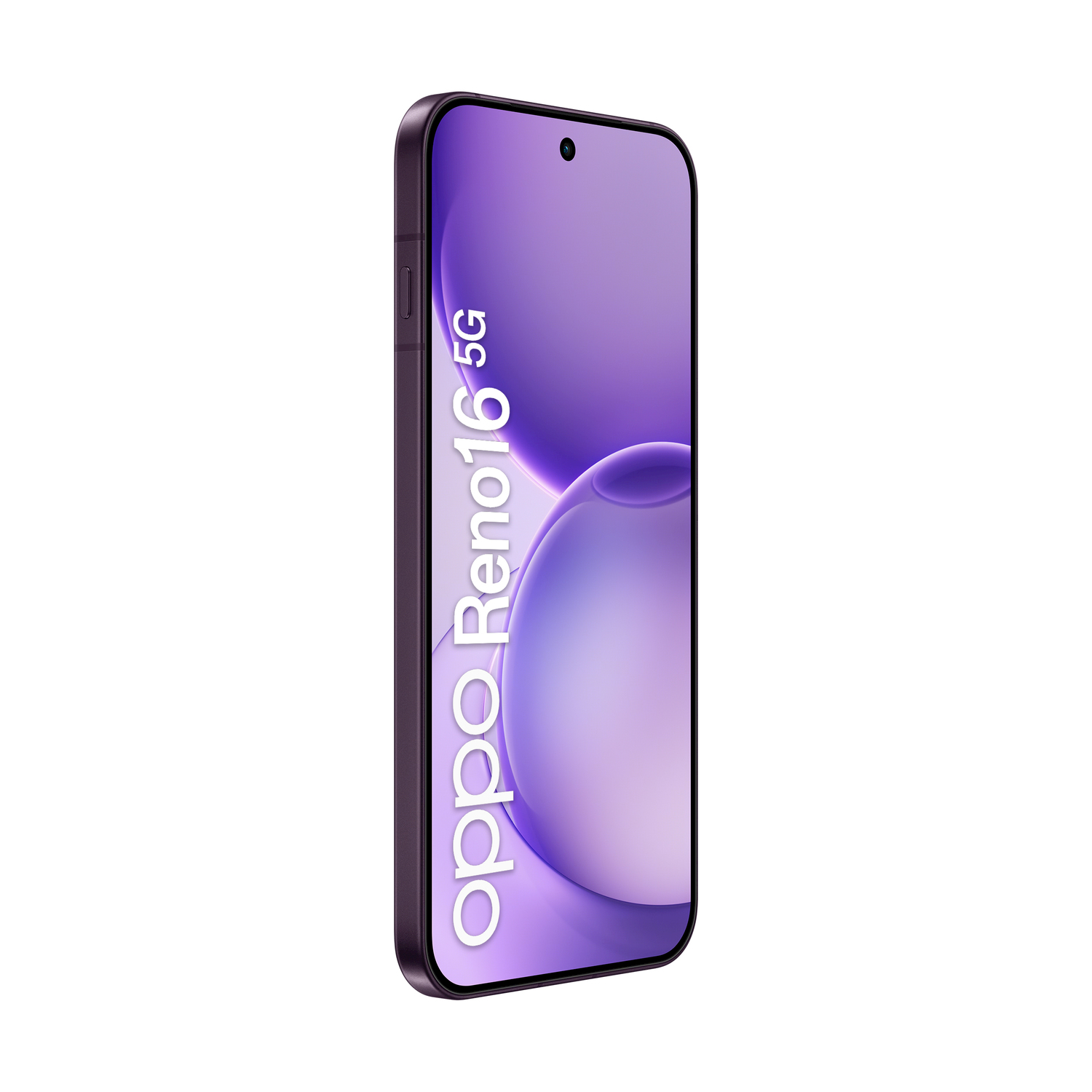 Smartphone Oppo Reno16 5G viola con schermo leggermente aperto, testo bianco.