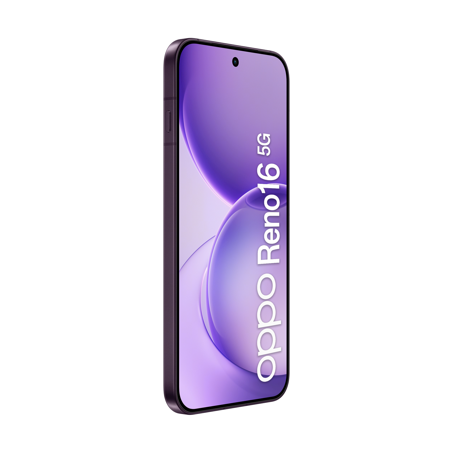Smartphone Oppo Reno16 5G viola con display incorniciato e sensore fotocamera.