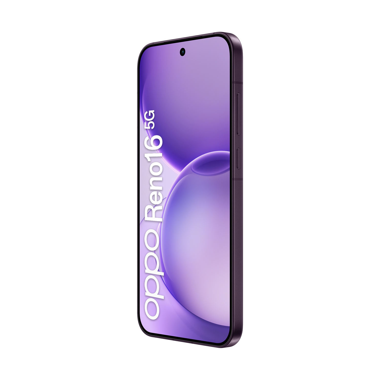 Smartphone Oppo Reno16 5G viola con angoli arrotondati e foro per fotocamera frontale.