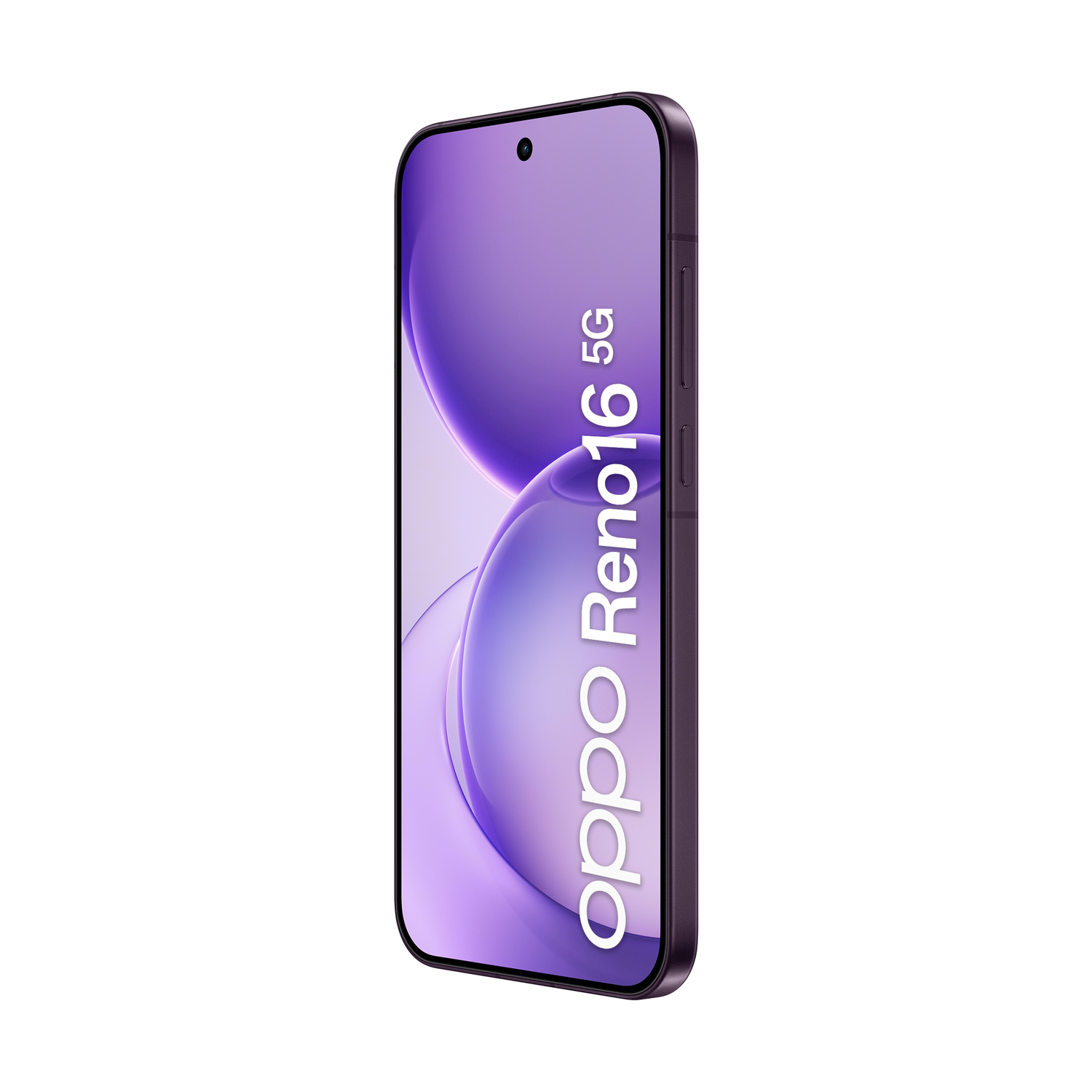Smartphone Oppo Reno 16 5G viola con angoli arrotondati su sfondo bianco.