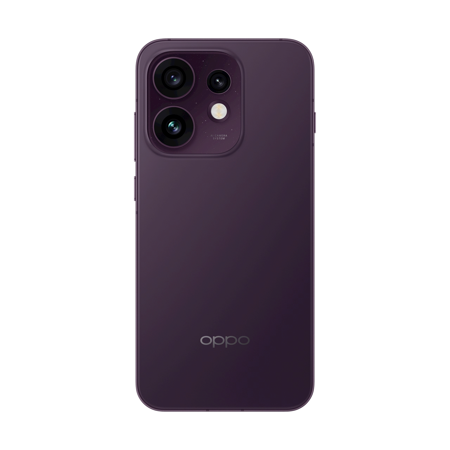 Retro telefono Oppo viola. Tre fotocamere in layout quadrato, con testo AI CAMERA SYSTEM.