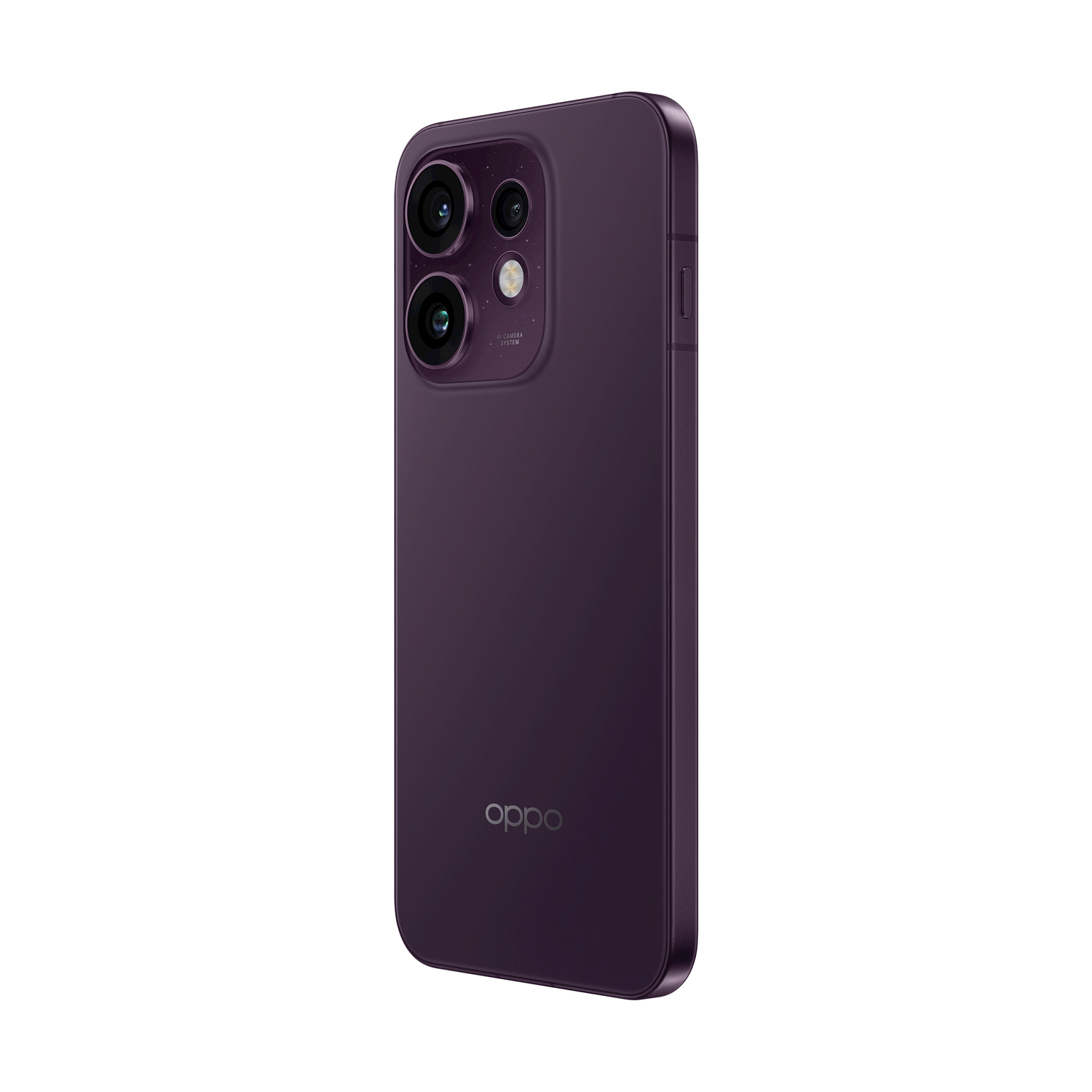 Smartphone viola scuro con quattro fotocamere e logo Oppo su sfondo bianco.