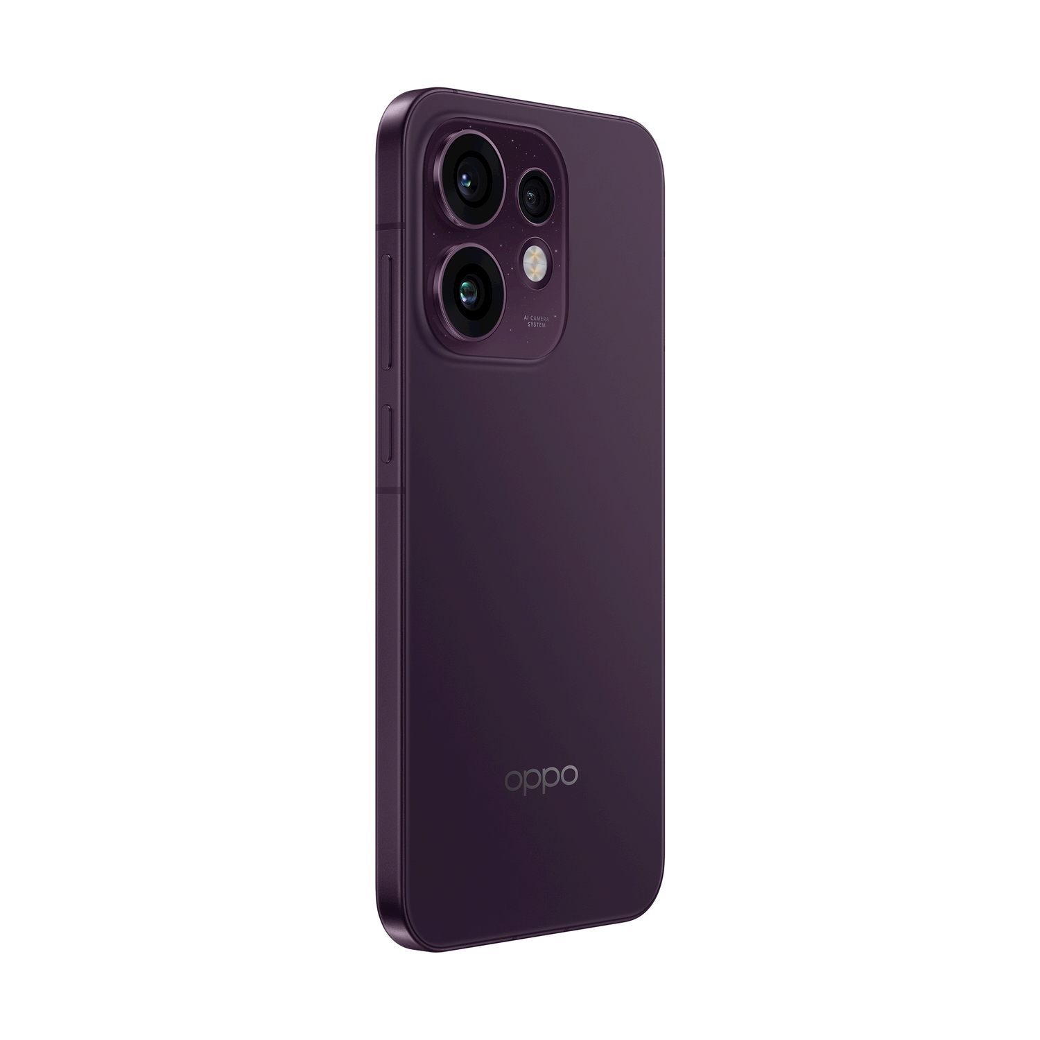 Uno smartphone viola con tripla fotocamera posteriore e logo Oppo.