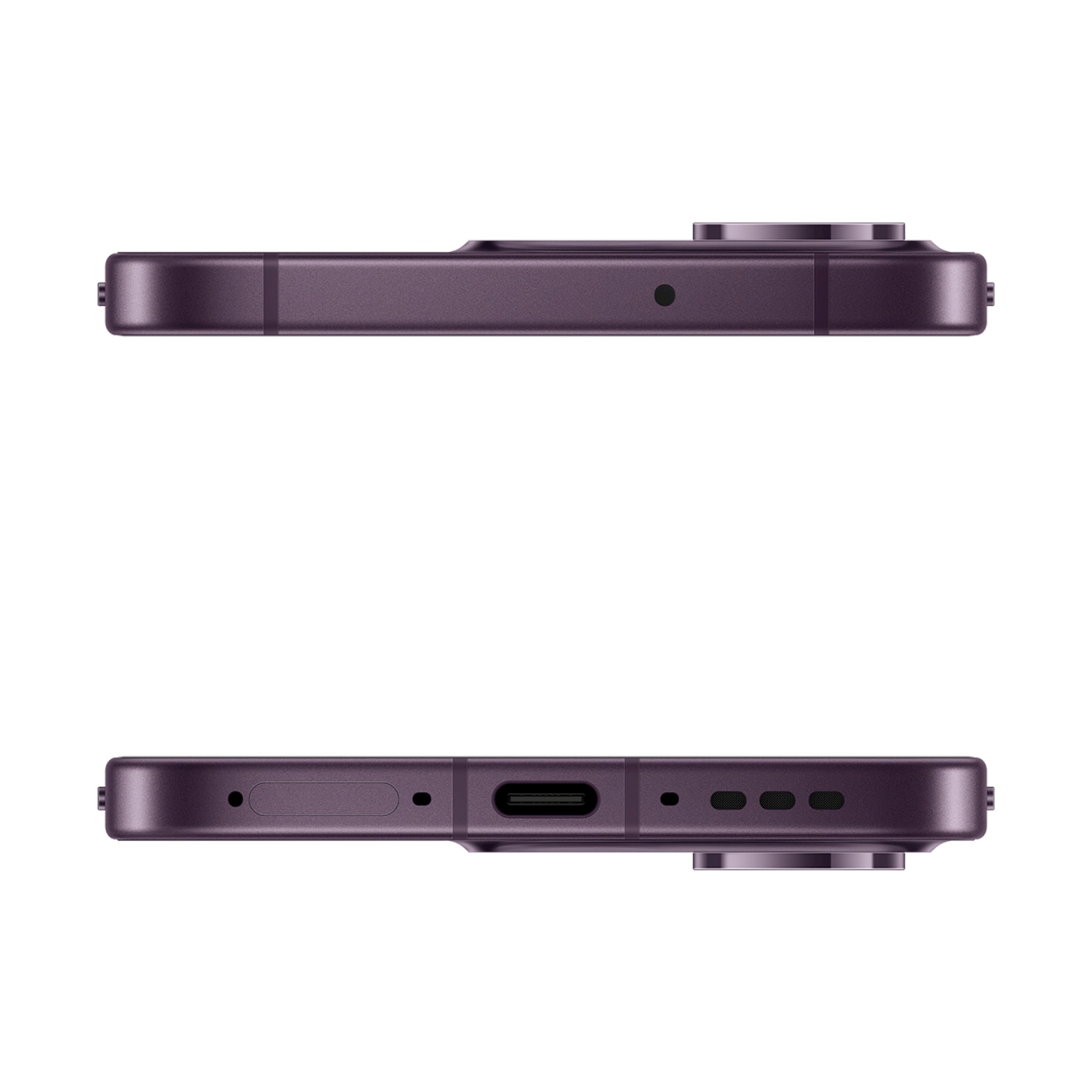 Tre viste di uno smartphone viola che mostra porta USB-C e griglie altoparlanti.